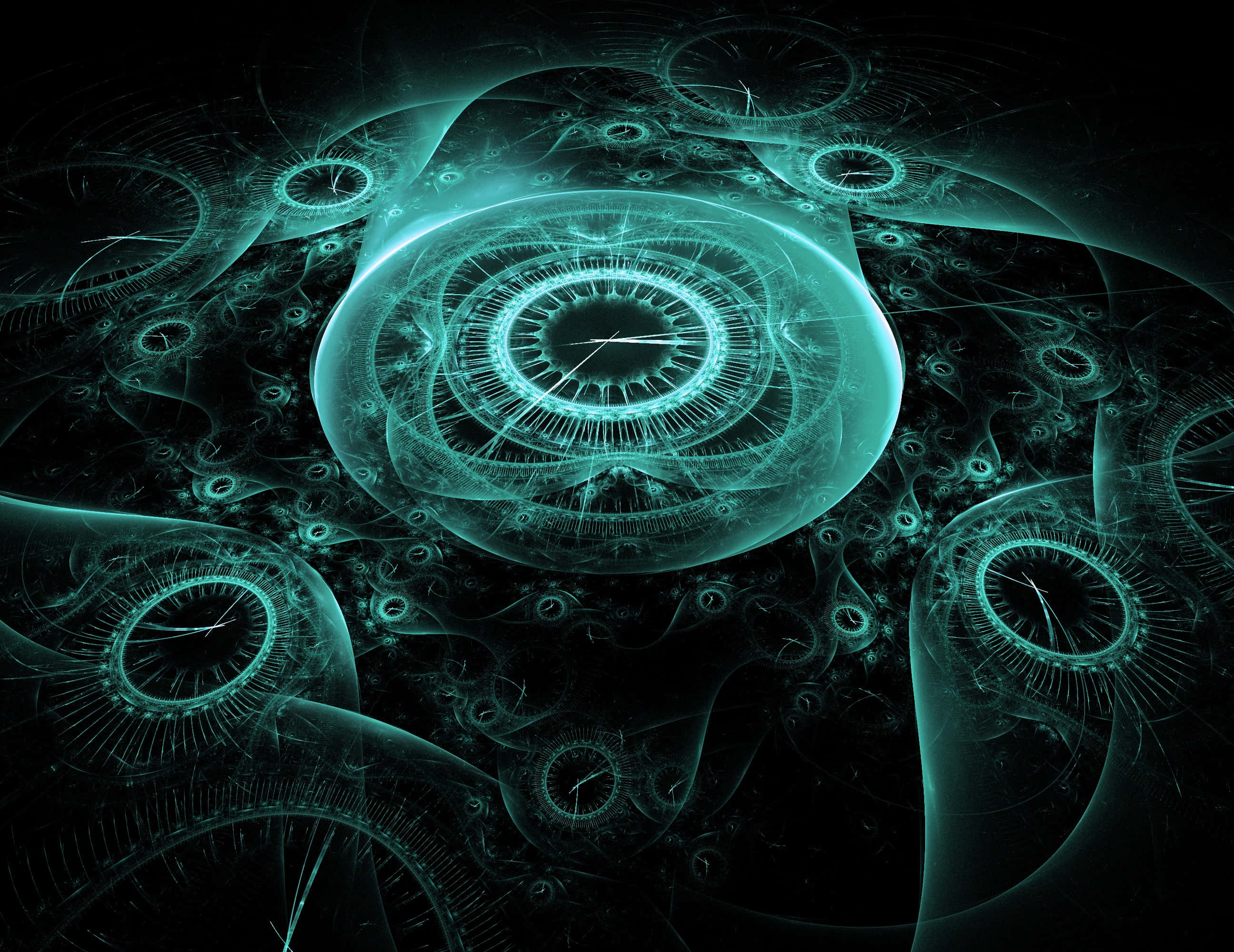 blue glowing time clock, teal fractal clock, swirling geometric timepieces, 2K Desktop Wallpaper