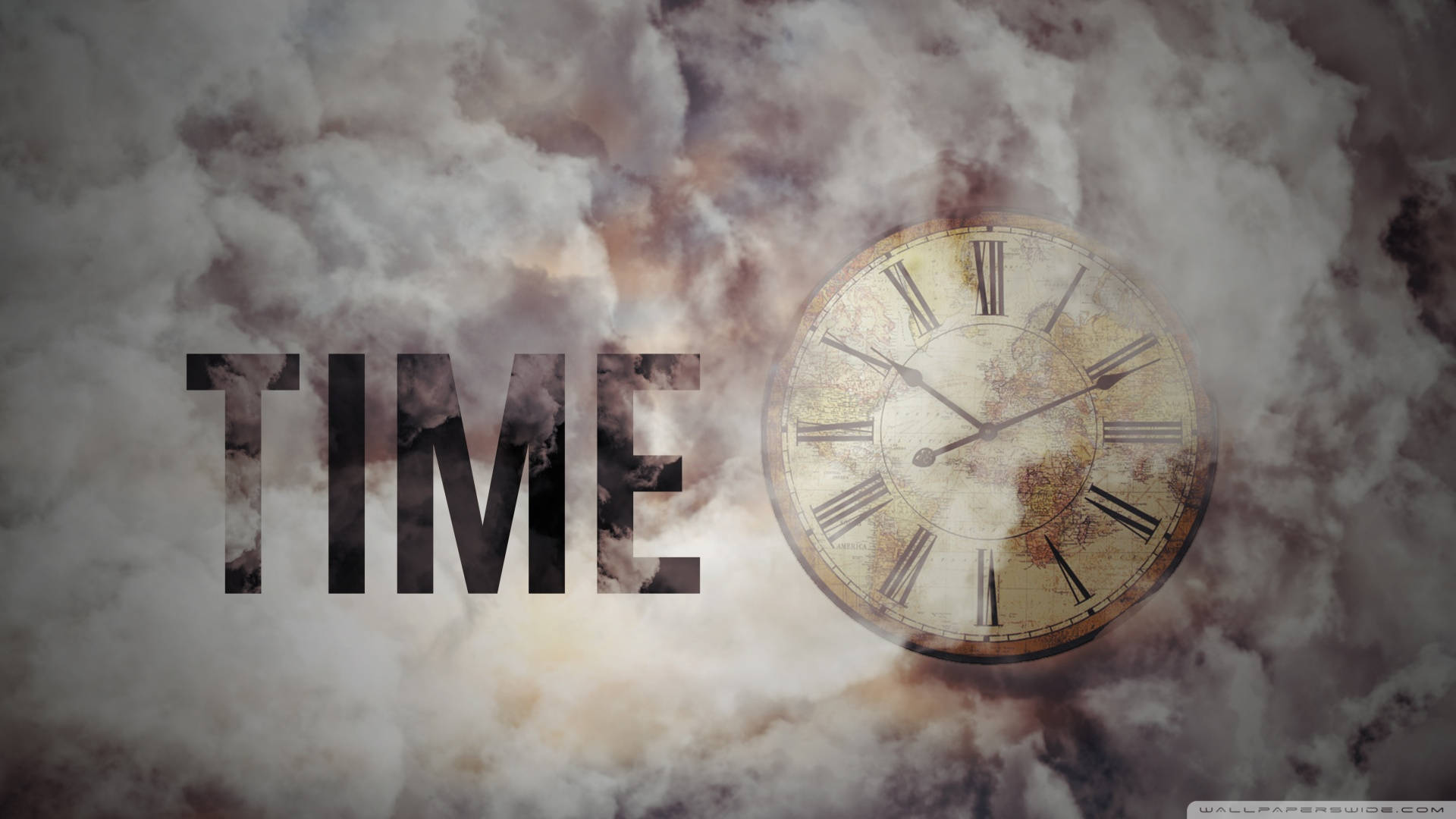 Retro Map Analog Clock Time, Roman numerals, swirling clouds, Full HD Desktop Wallpaper