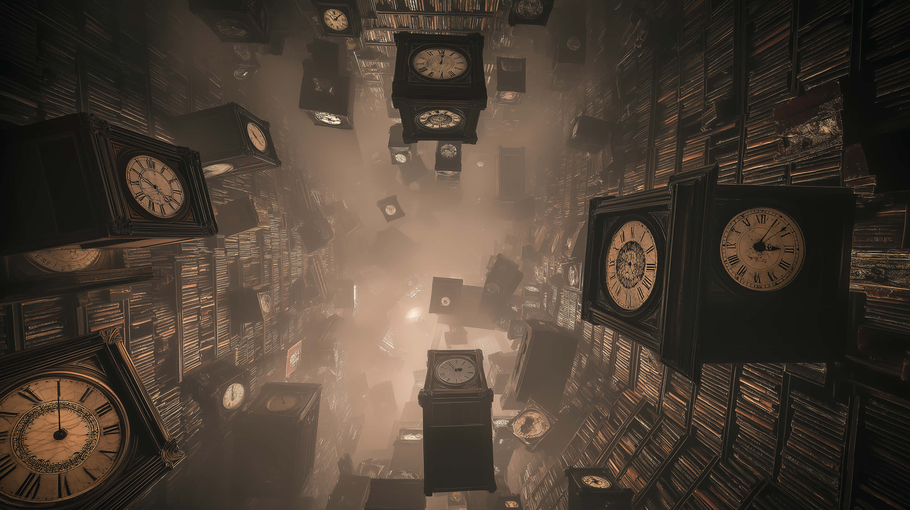floating antique clocks, hazy mysterious endless library, towering bookshelves, 2K Desktop Wallpaper