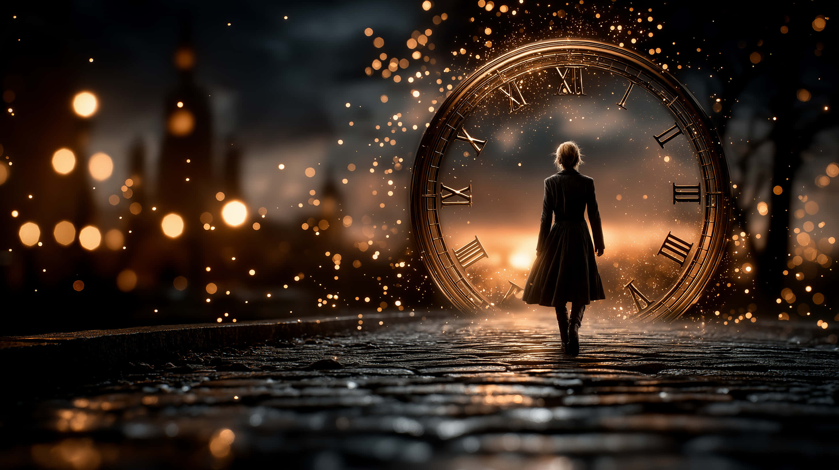 grand luminous clock, cobblestone path, starry night sky, 2K Desktop Wallpaper