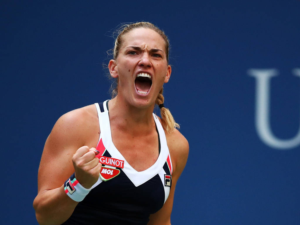 Timea Babos, shouting, clenched fist, SD Desktop Wallpaper