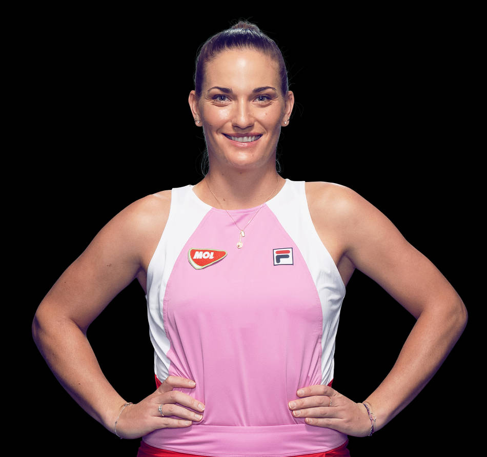 Timea Babos, pink and white athletic top, black background, SD Desktop Wallpaper