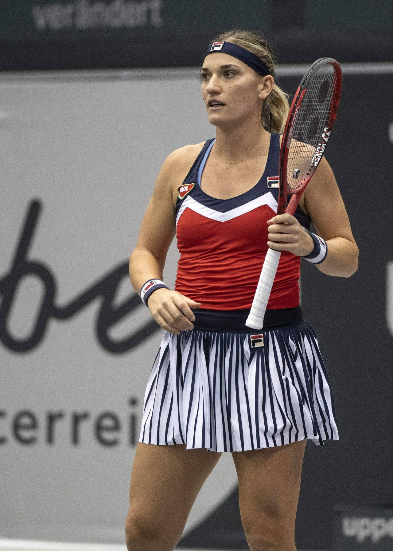 Timea Babos, red white and blue gear, racket, HD Phone Wallpaper