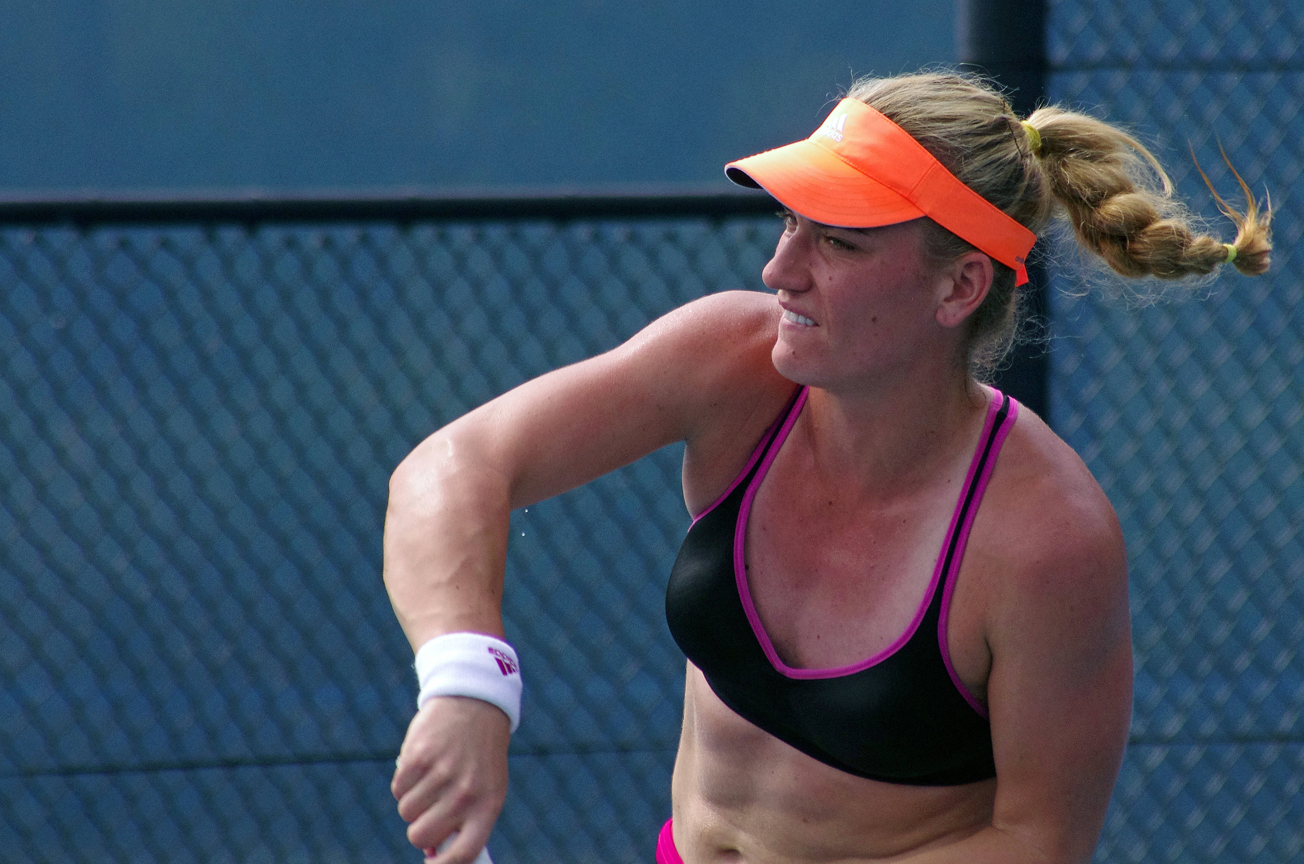 Timea Babos, orange visor, black sports top, 4K Desktop Wallpaper