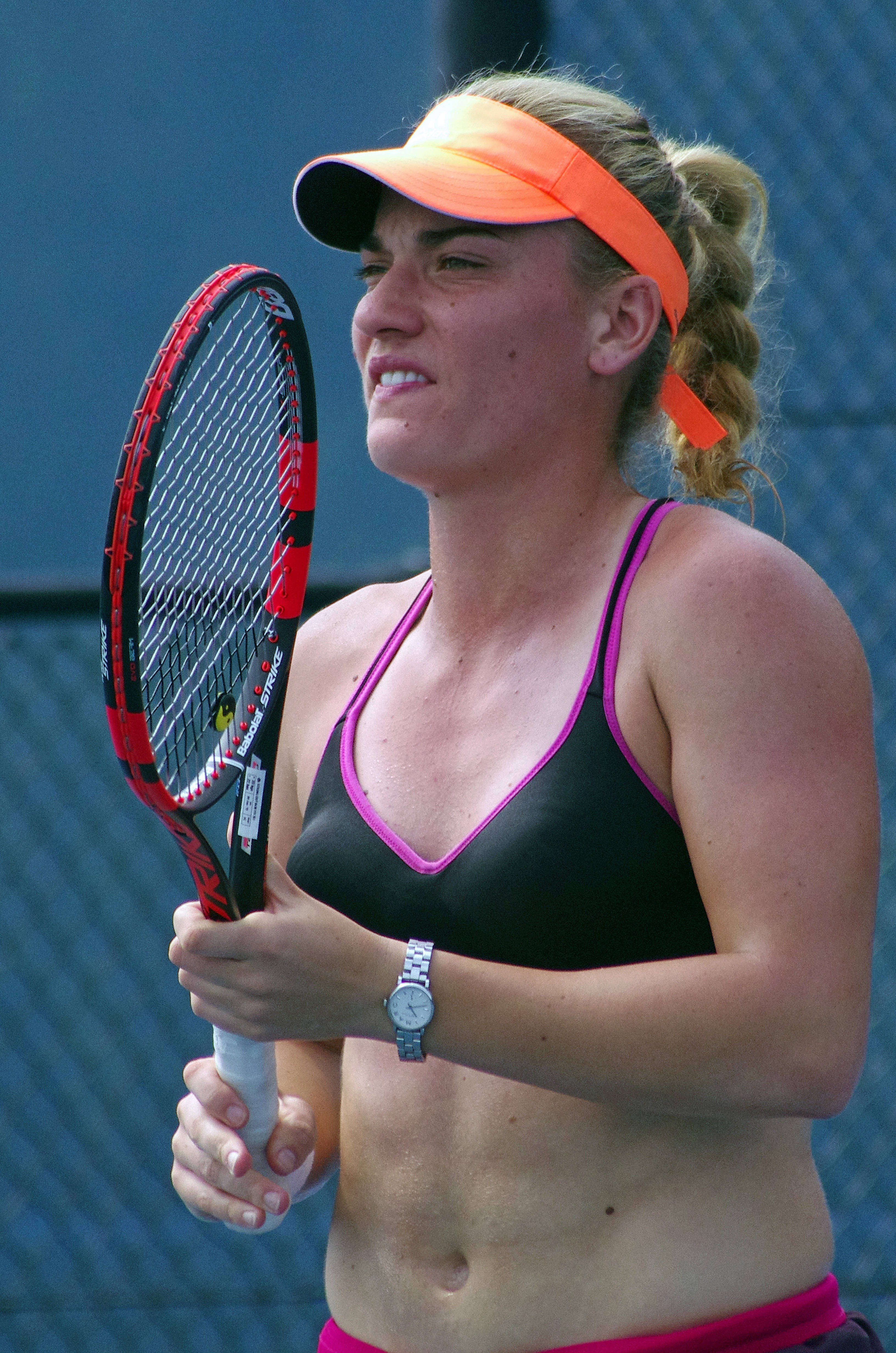 Timea Babos, racket, blue court fence, 4K Phone Wallpaper