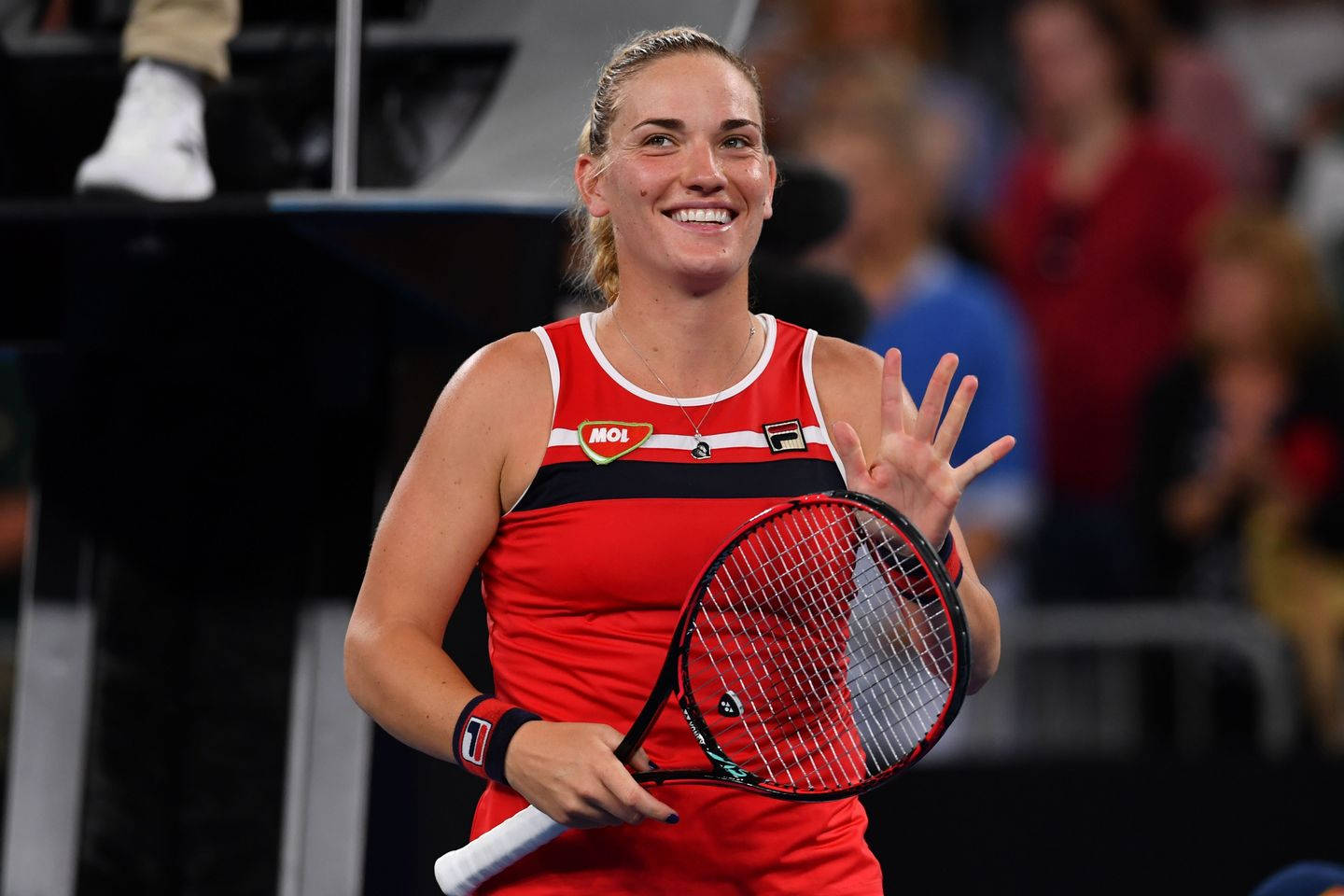 Timea Babos, red outfit, racket, HD Desktop Wallpaper