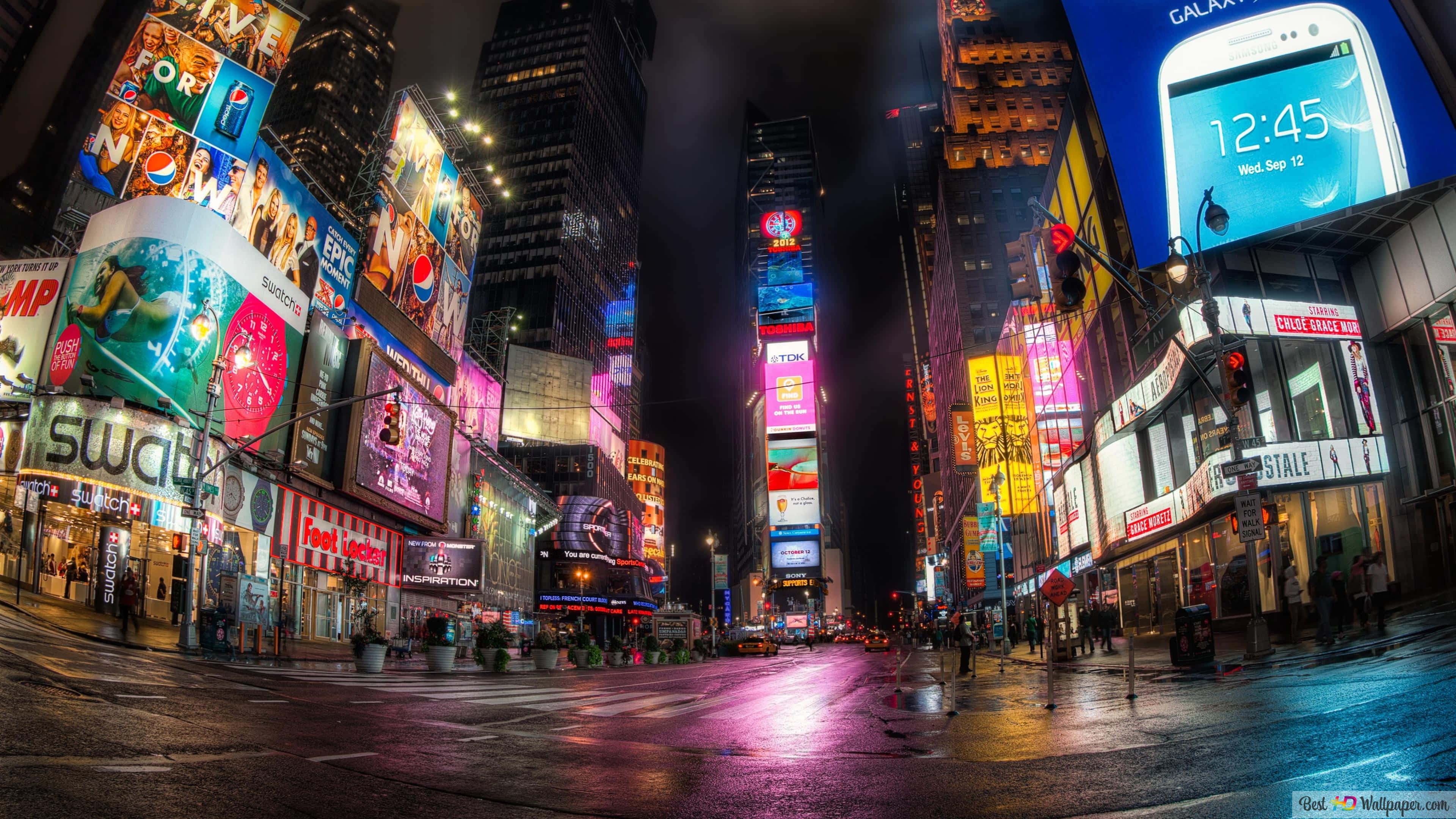 Times Square, fisheye view, night, 4K Desktop Wallpaper