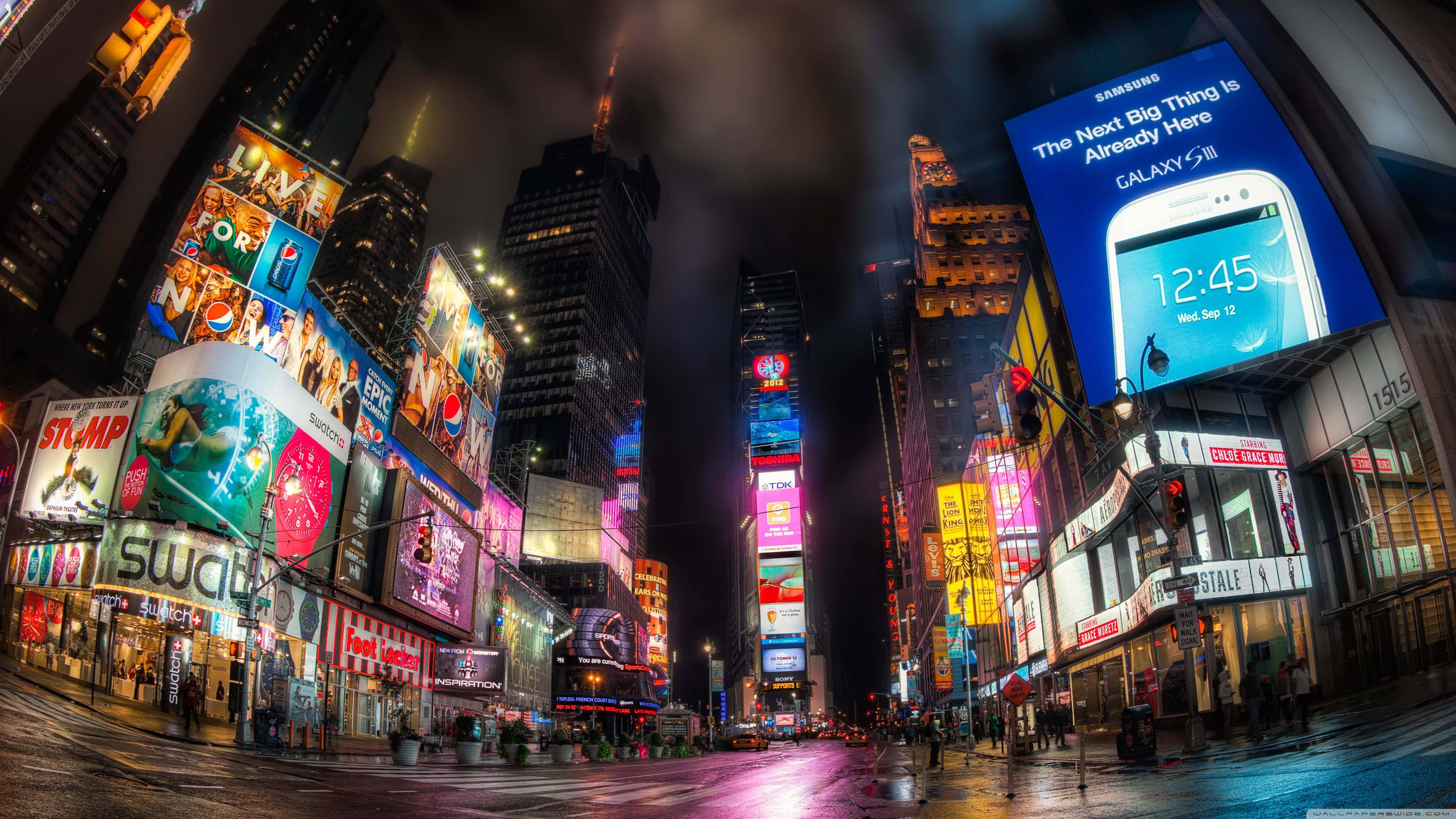 Times Square, fisheye view, night, 4K Desktop Wallpaper