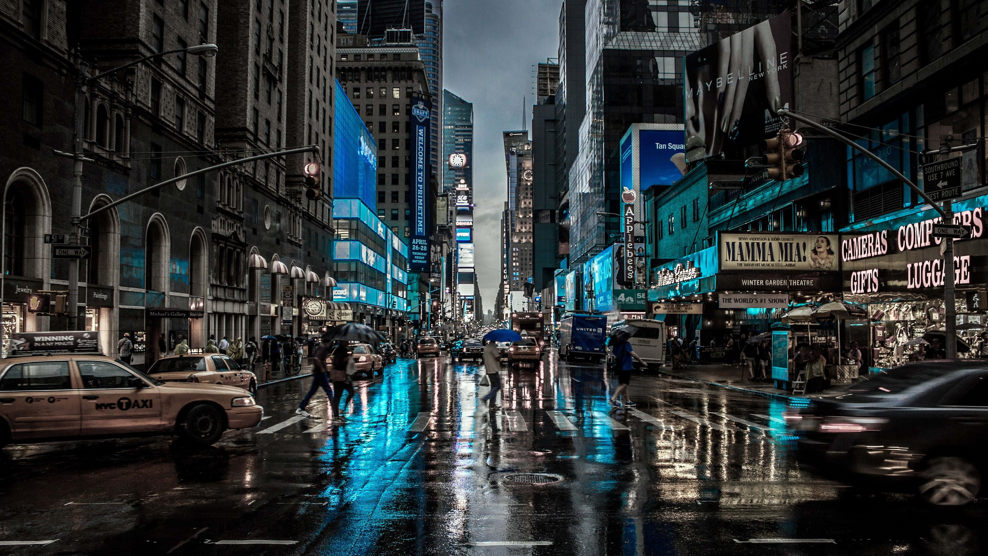 Times Square, neon signs, taxis, 4K Desktop Wallpaper