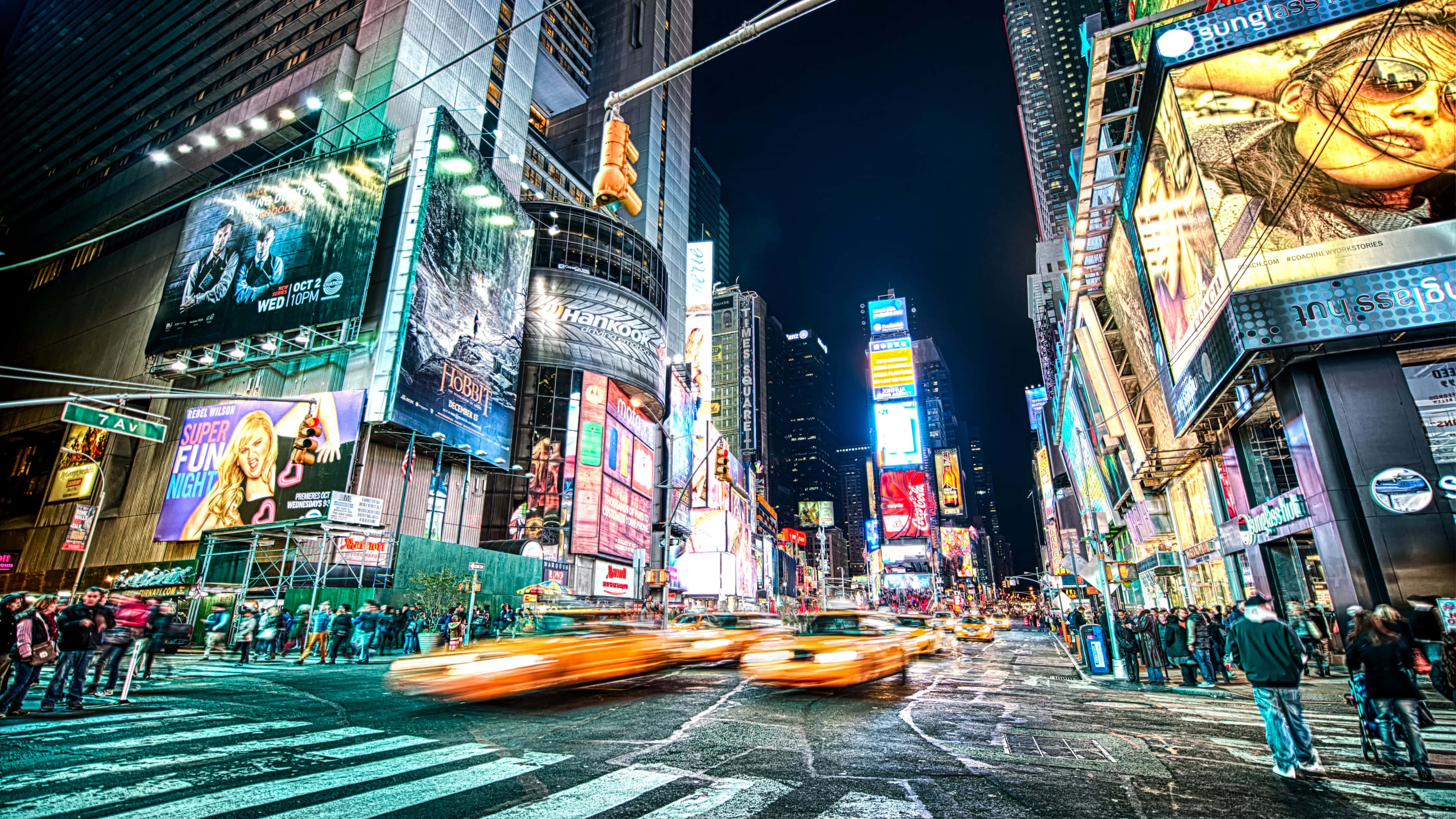 Times Square, neon lights, glowing billboards, 4K Desktop Wallpaper