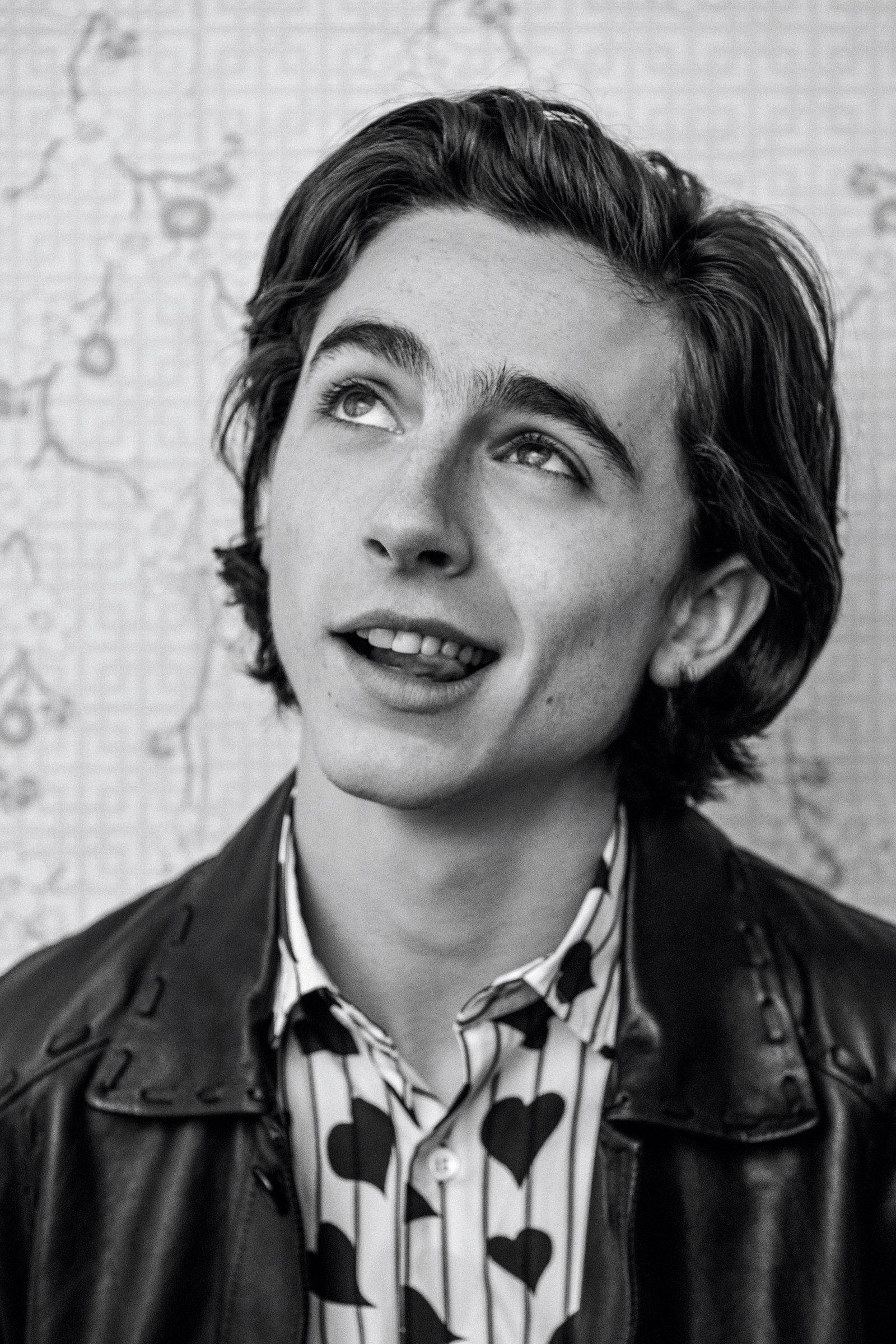 Timothée Chalamet, greyscale photograph, leather jacket, Full HD Phone Wallpaper