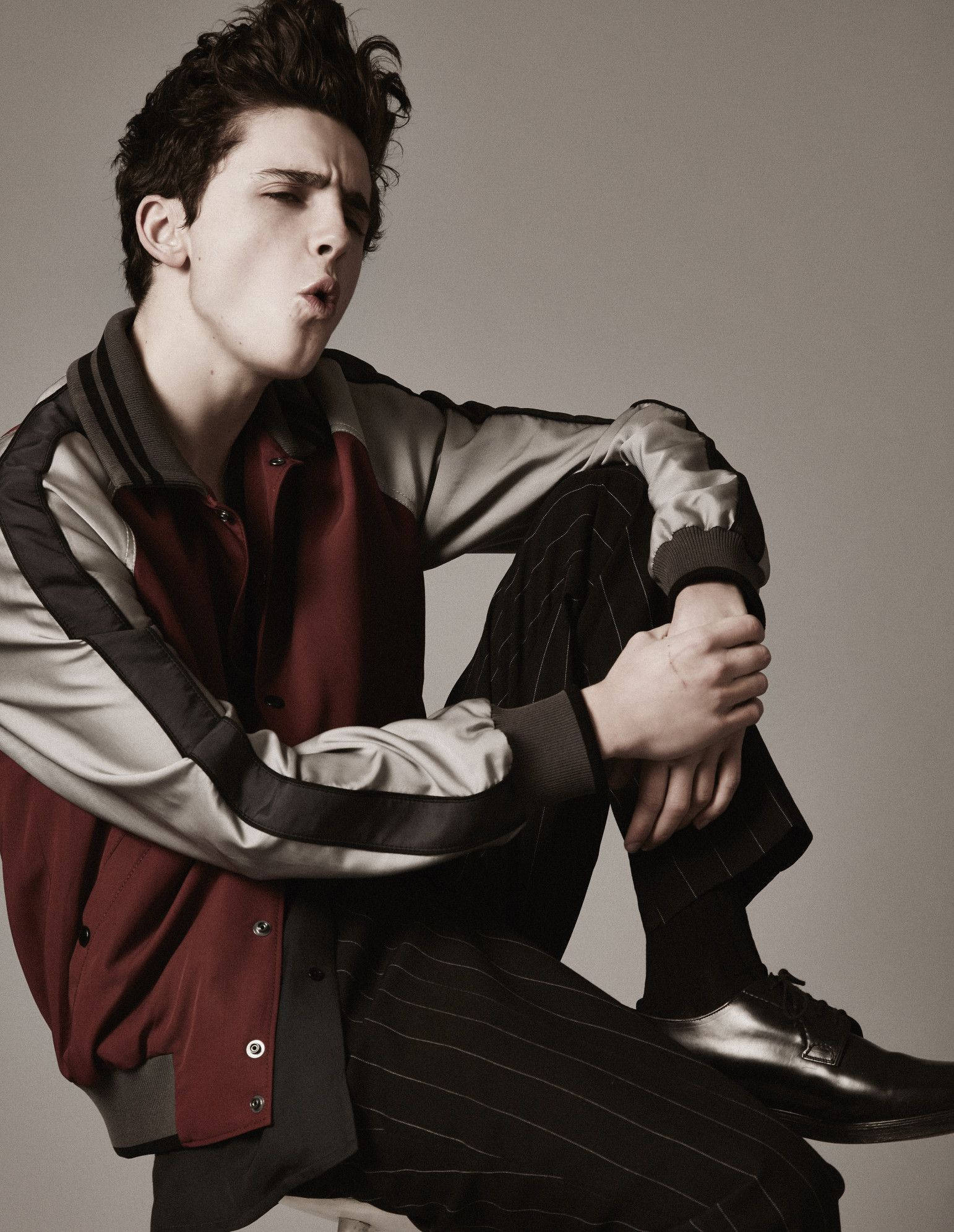 Timothée Chalamet, varsity jacket, pinstripe pants, Full HD Phone Wallpaper