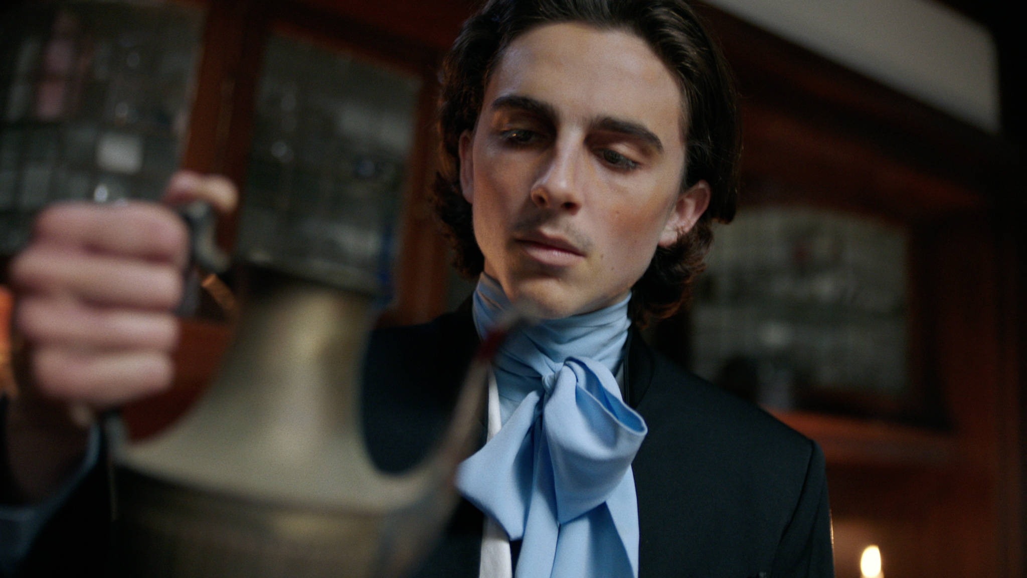 Timothée Chalamet, black suit, light blue cravat, Full HD Desktop Wallpaper