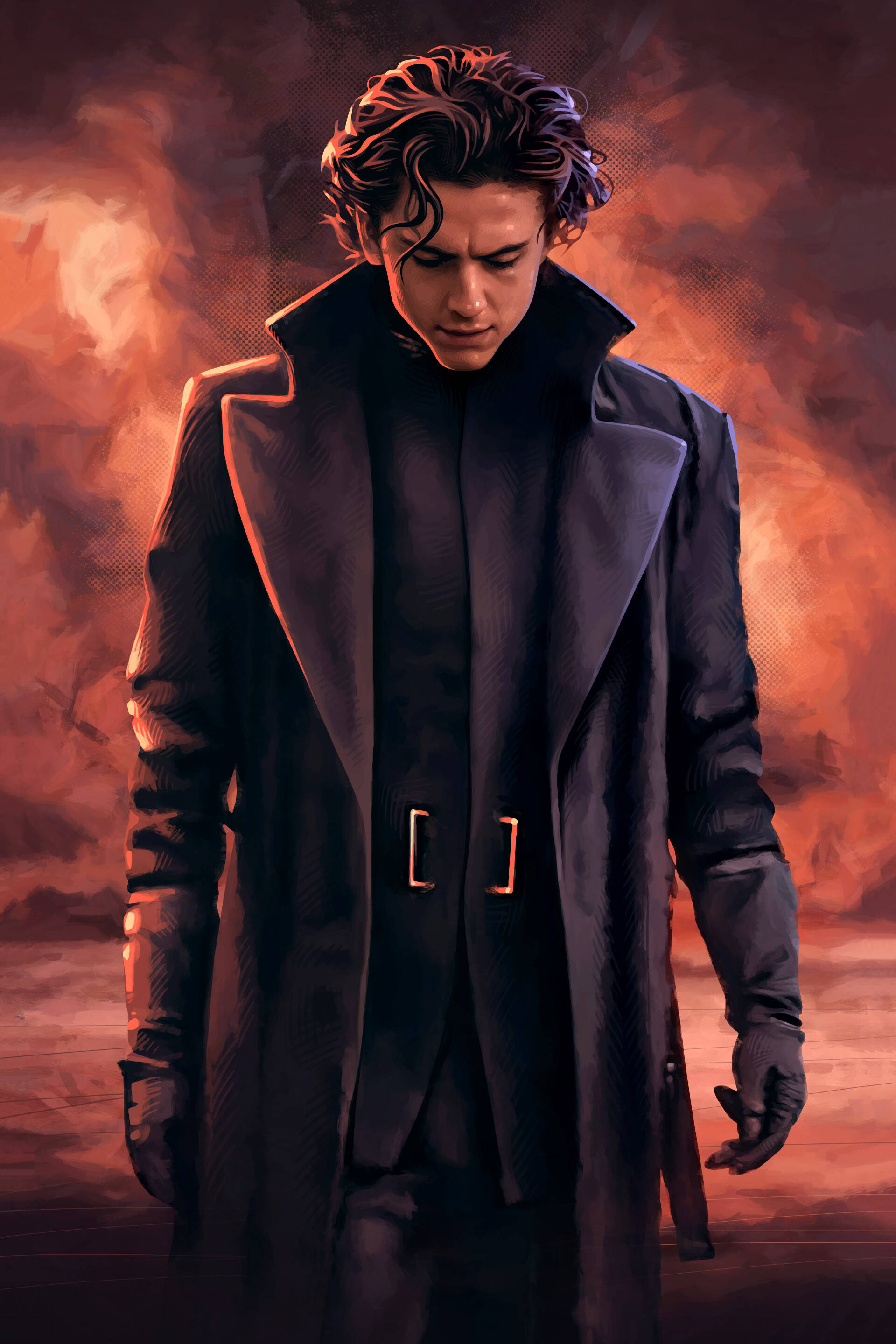 Timothée Chalamet, dark trench coat, fiery orange and red smoky backdrop, 2K Phone Wallpaper