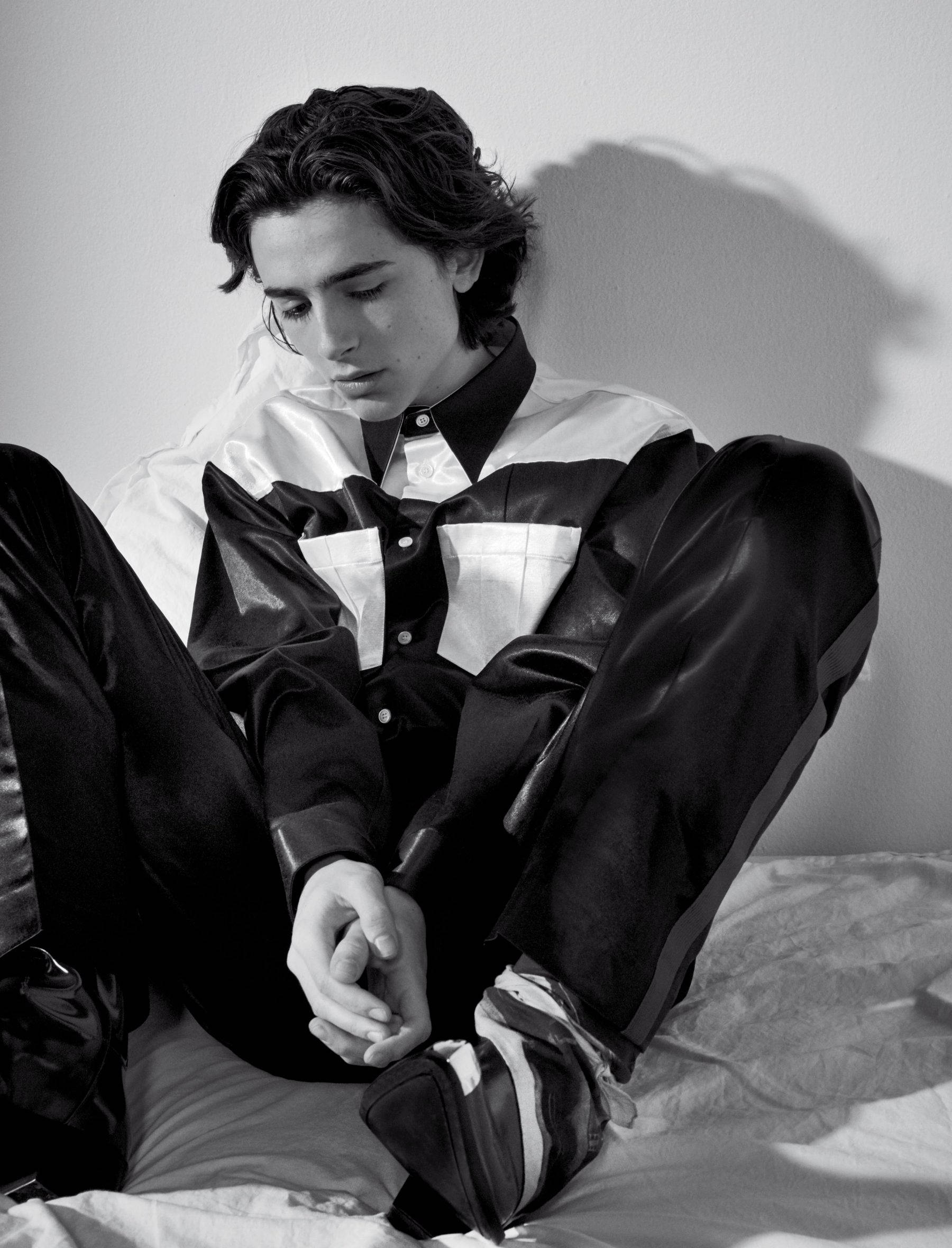 Timothée Chalamet, black and white leather outfit, bed, Full HD Phone Wallpaper