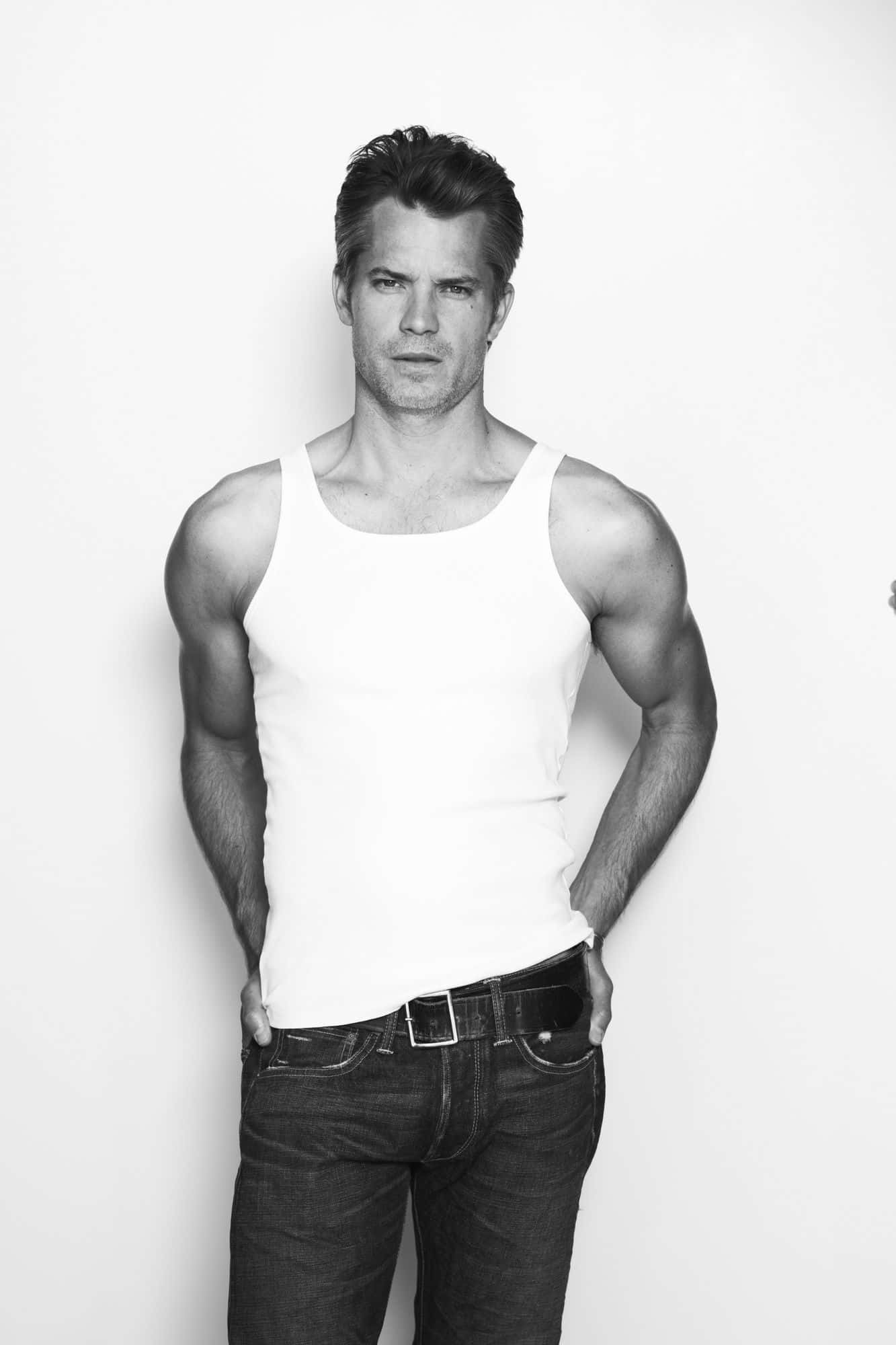 Timothy Olyphant, black and white portrait, white tank top, Full HD Phone Wallpaper
