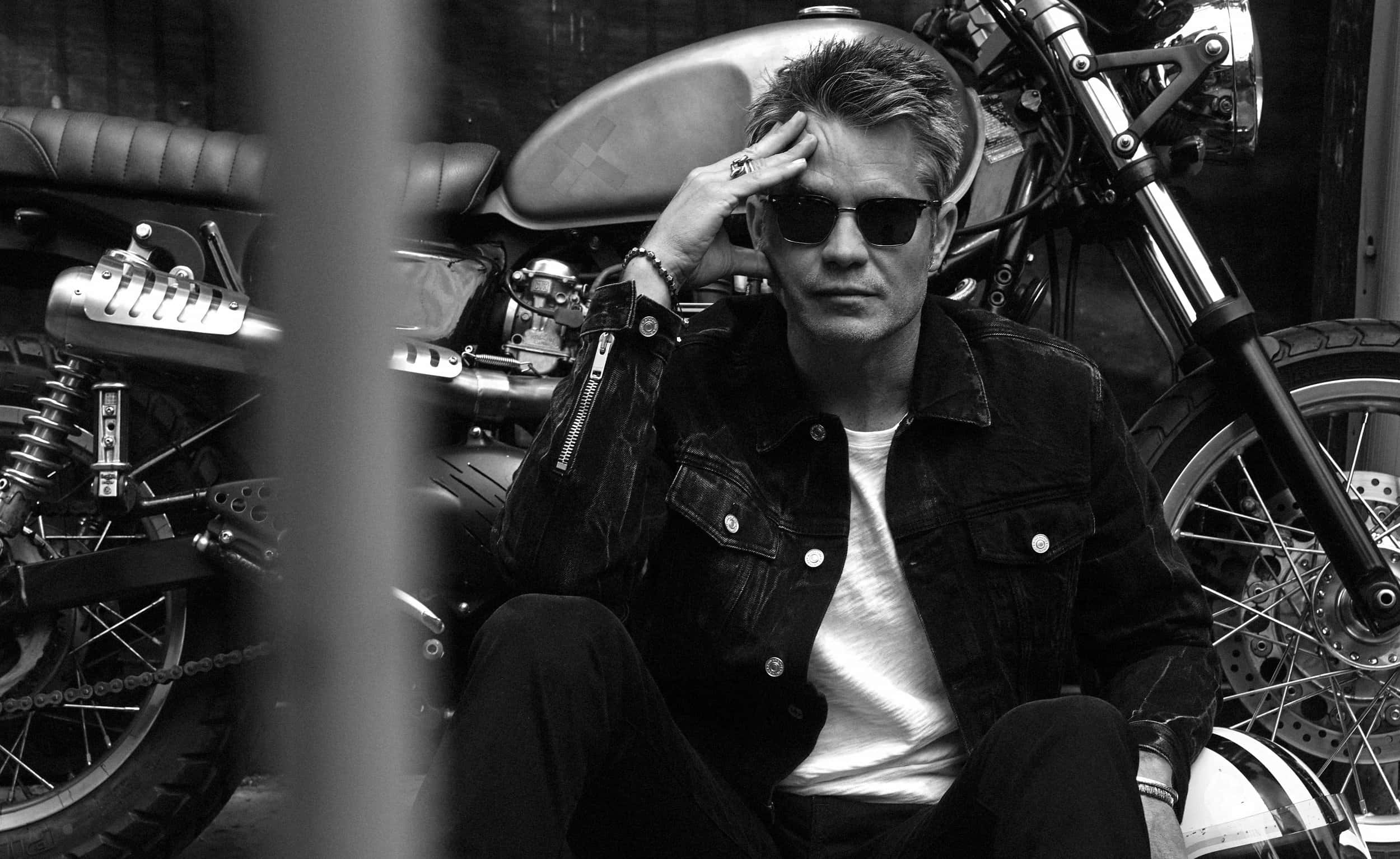 Timothy Olyphant, denim jacket, classic motorcycle, Full HD Desktop Wallpaper