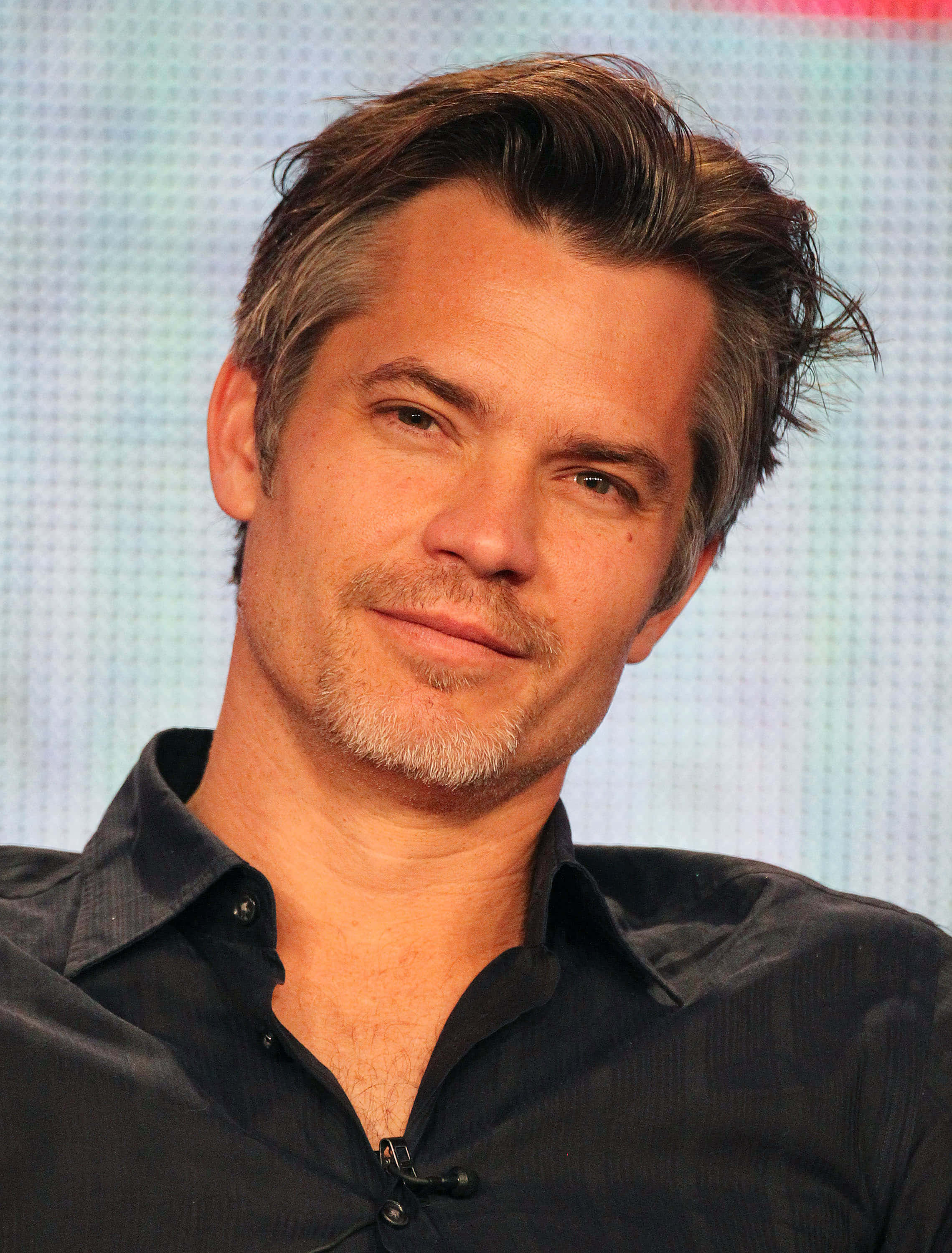 Timothy Olyphant, salt-and-pepper hair, dark button-up shirt, 2K Phone Wallpaper