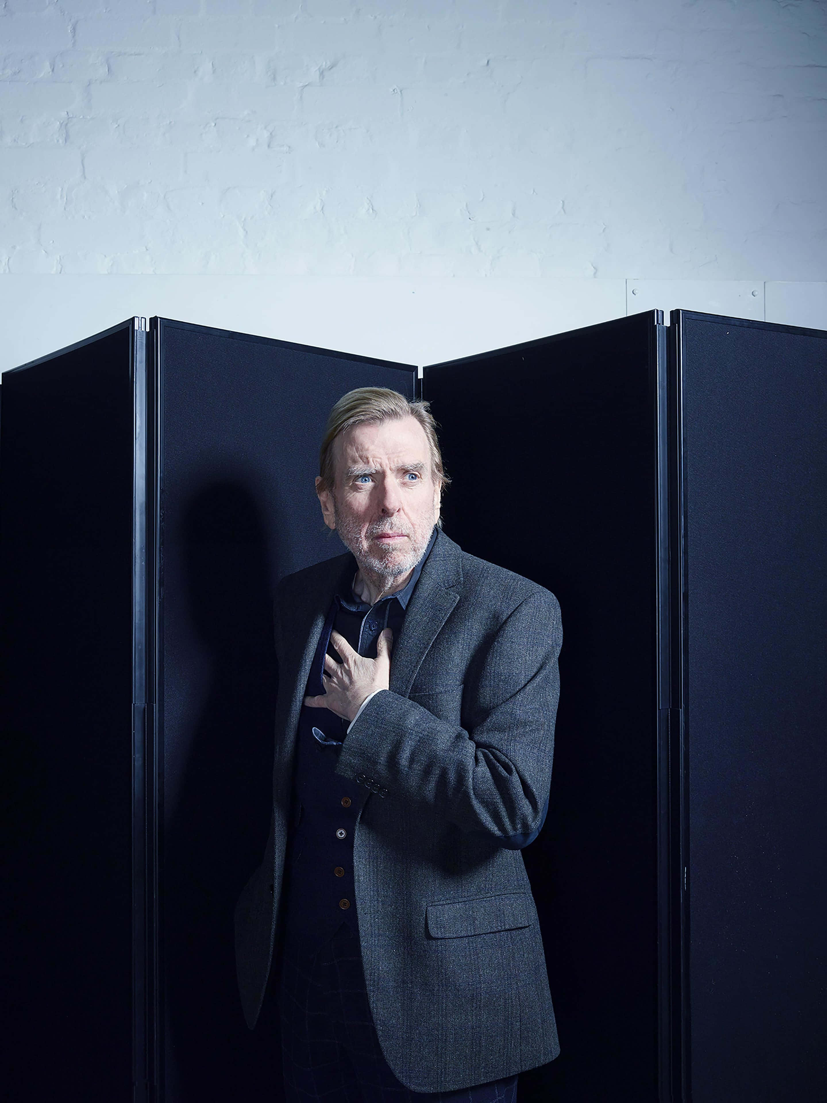 Timothy Spall, grey suit, black panels, 4K Phone Wallpaper