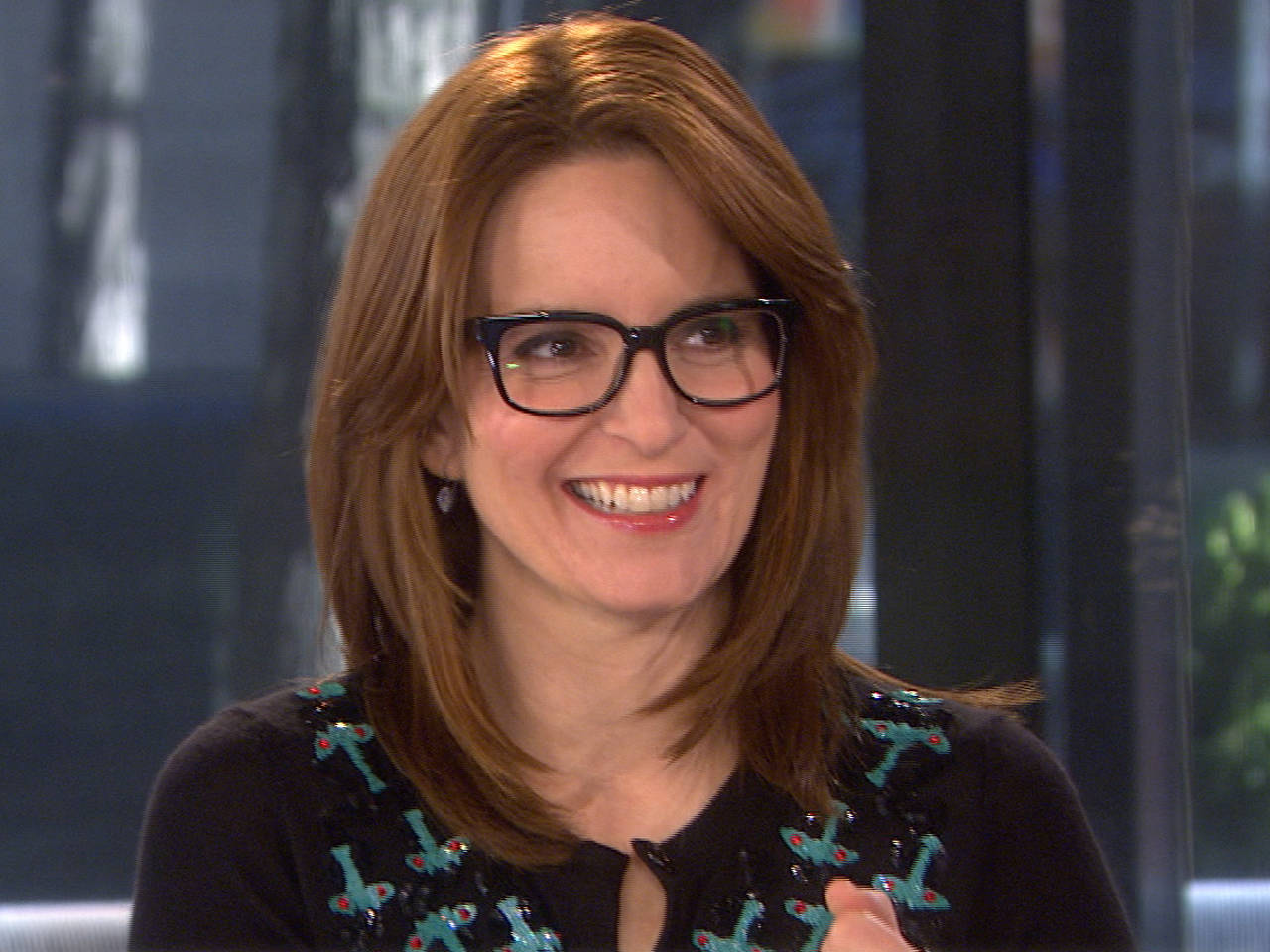 Tina Fey, black top, turquoise airplane patterns, HD Desktop Wallpaper