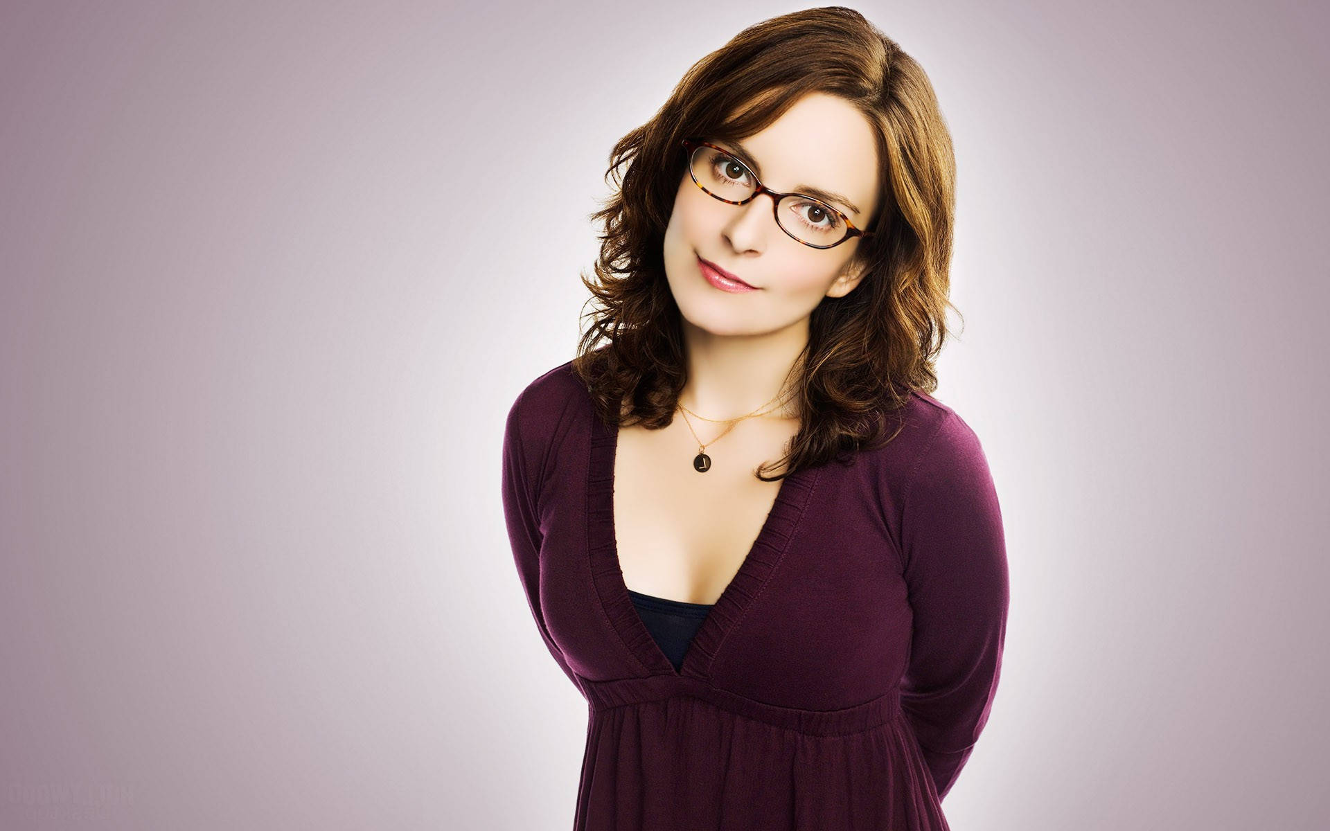 Tina Fey, purple cardigan, lavender background, Full HD Desktop Wallpaper