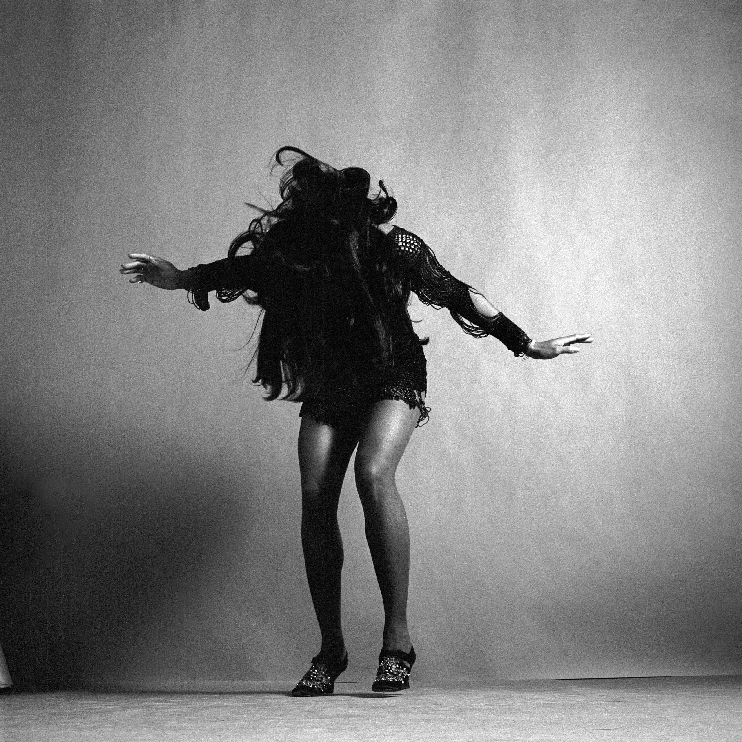 Tina Turner, black and white portrait, flowing dark hair, 2K Desktop Wallpaper