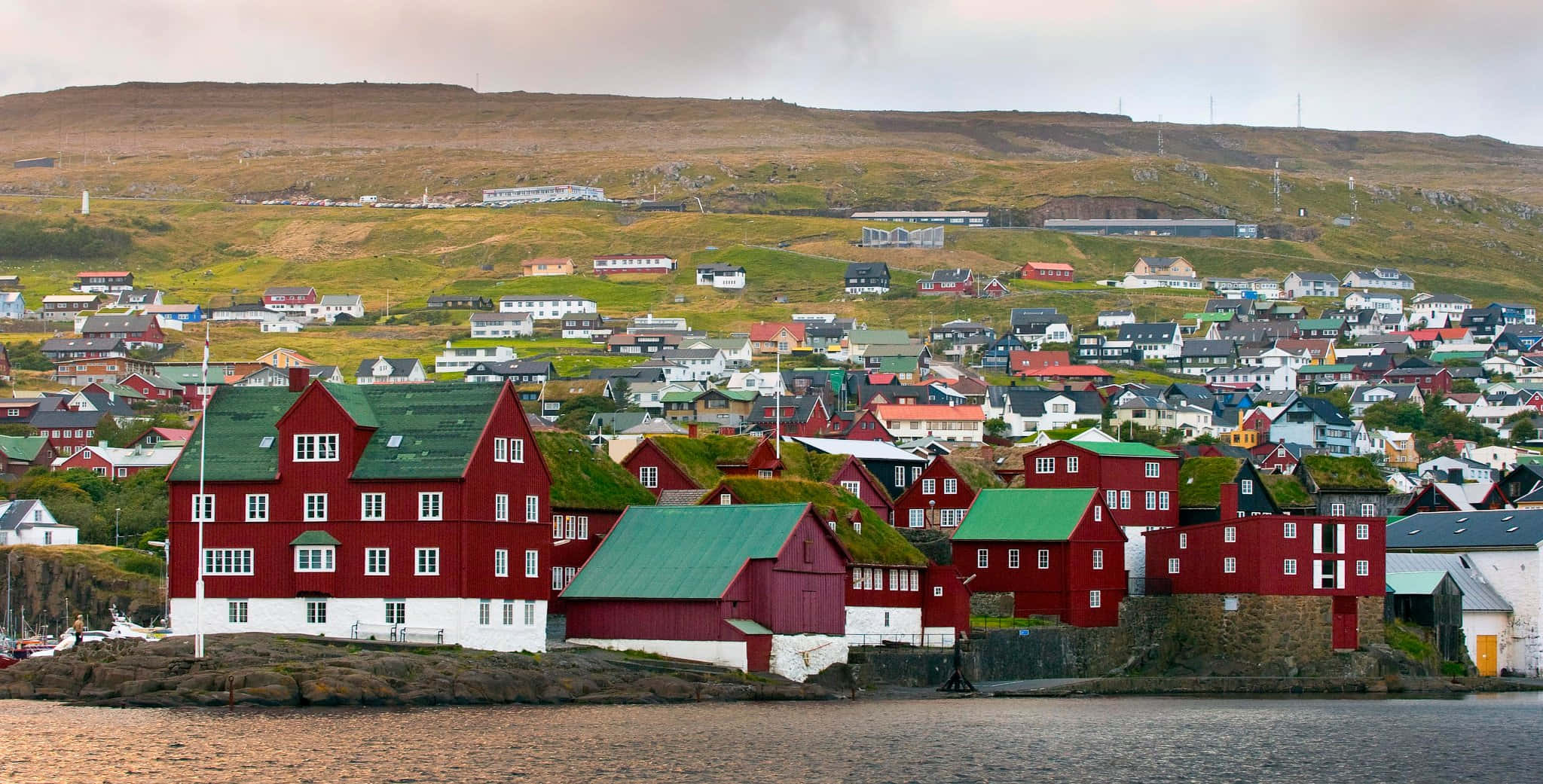 Tinganes, green landscape, red and green houses, Full HD Desktop Wallpaper