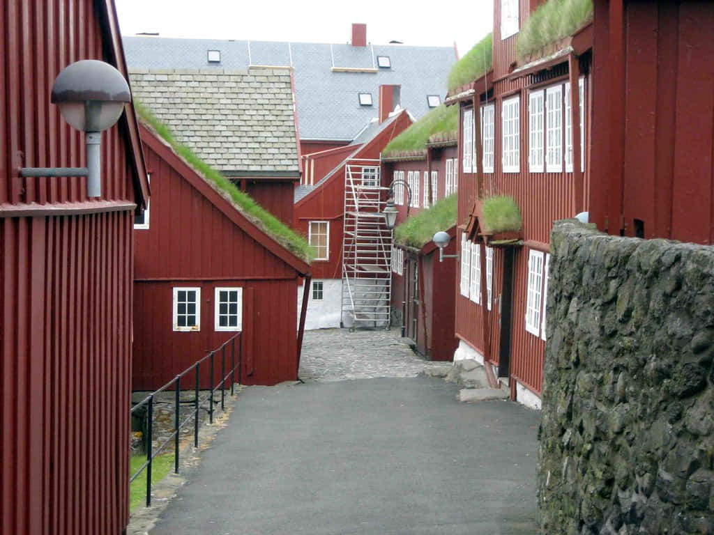 Tinganes, red wooden buildings, grass-covered roofs, SD Desktop Wallpaper