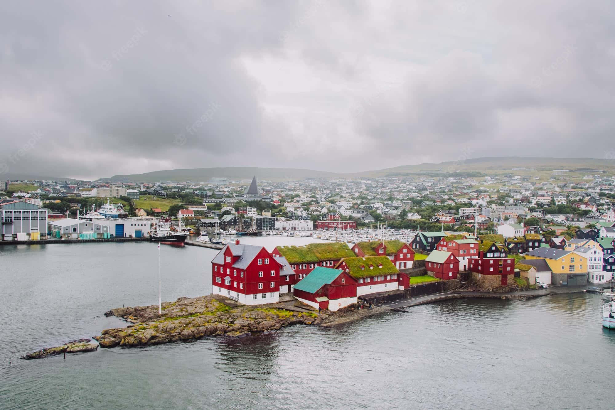 Tinganes, aerial view, coastal town, Full HD Desktop Wallpaper