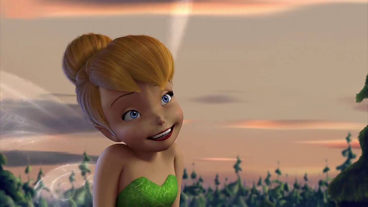Tinker Bell, green dress, soft sunset sky, HD Desktop Wallpaper