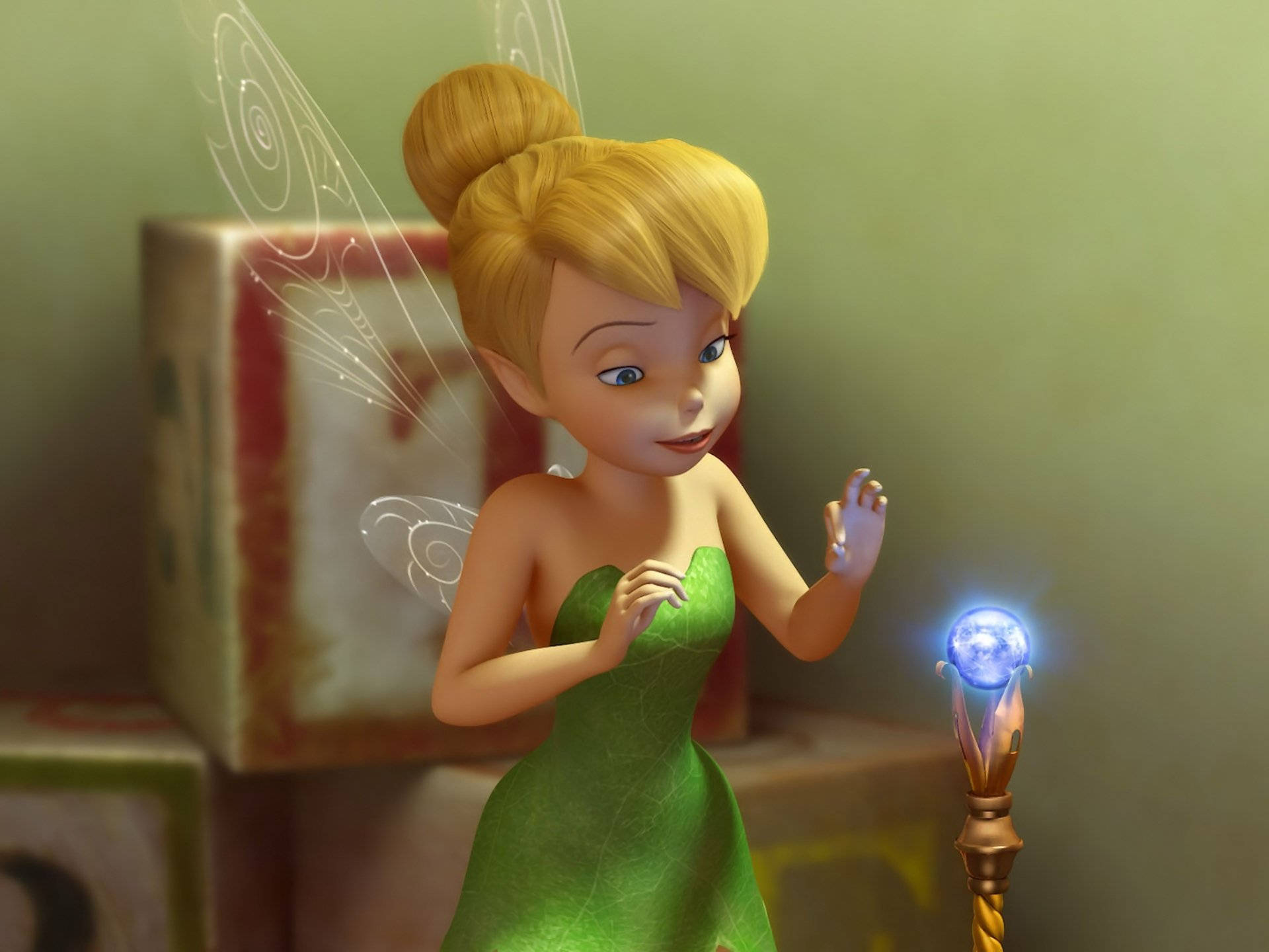 Tinker Bell, crystal staff, green leaf dress, Full HD Desktop Wallpaper