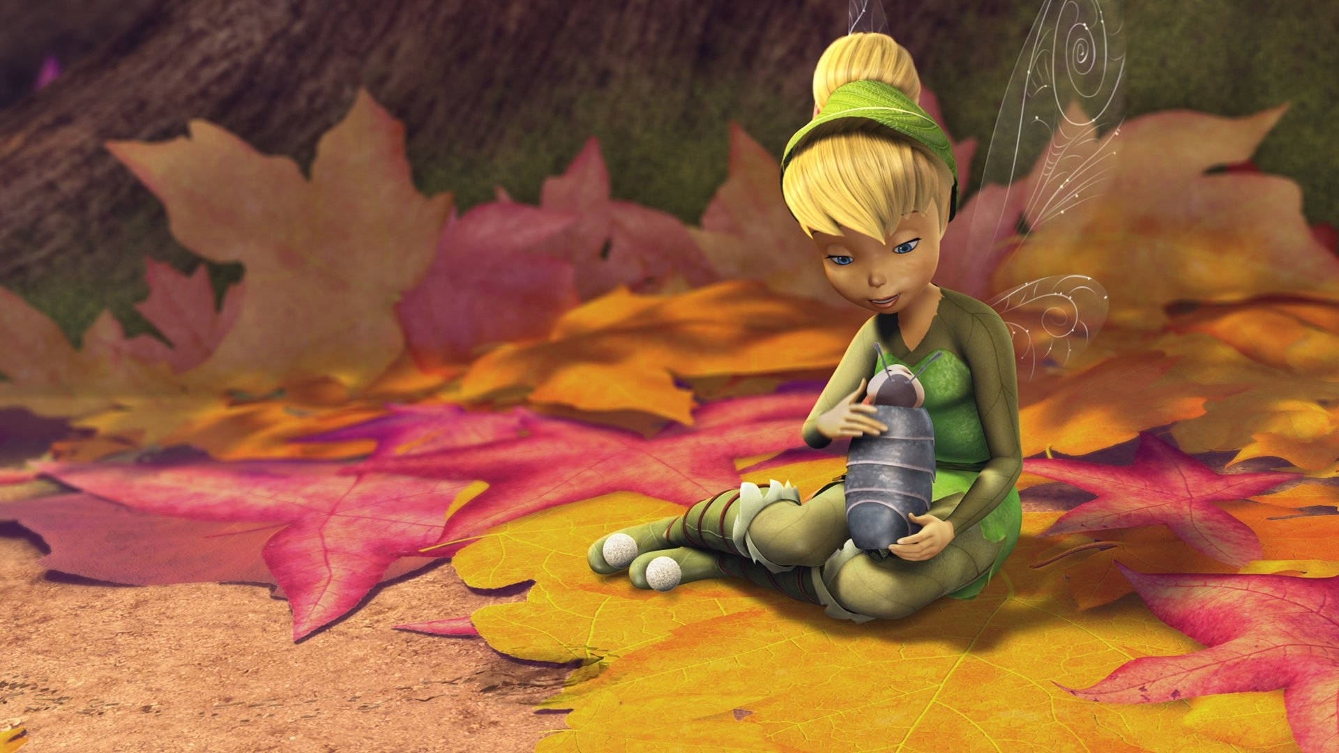 Tinker Bell, green-clad fairy, blonde hair, Full HD Desktop Wallpaper