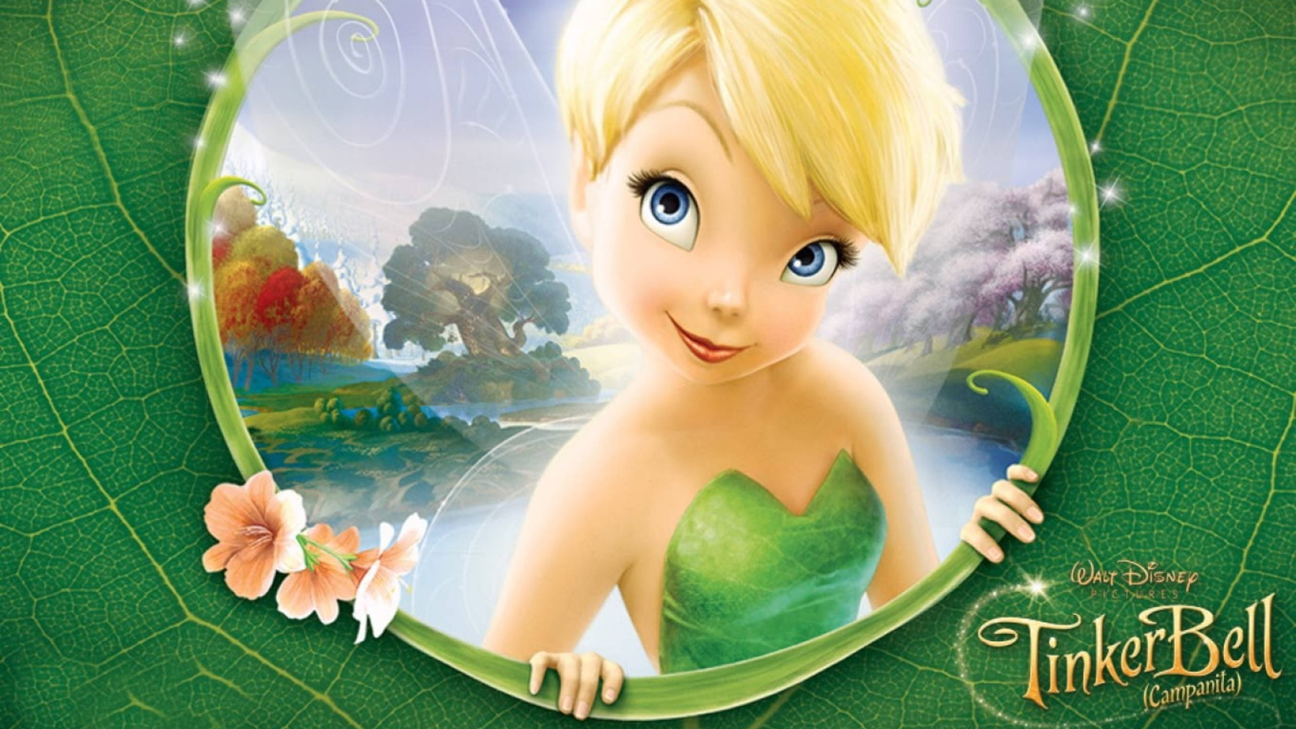 Tinker Bell, green dress, leaf-framed portal, 2K Desktop Wallpaper