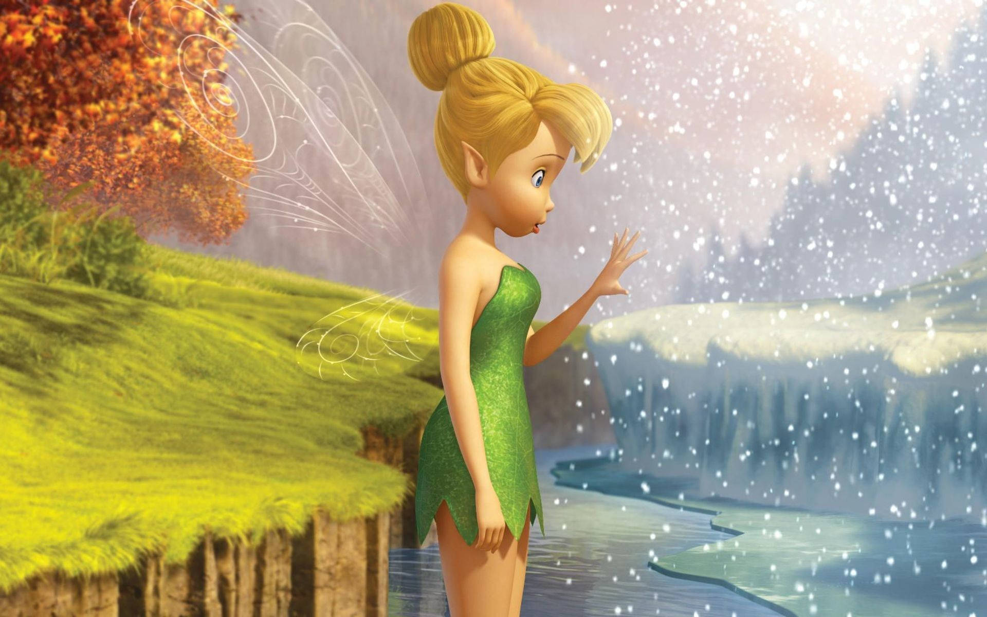 Tinkerbell, green dress, glowing waterfall, Full HD Desktop Wallpaper