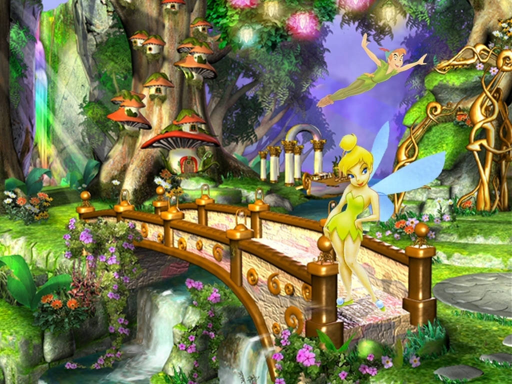 Tinkerbell, golden bridge, vibrant enchanted forest, SD Desktop Wallpaper