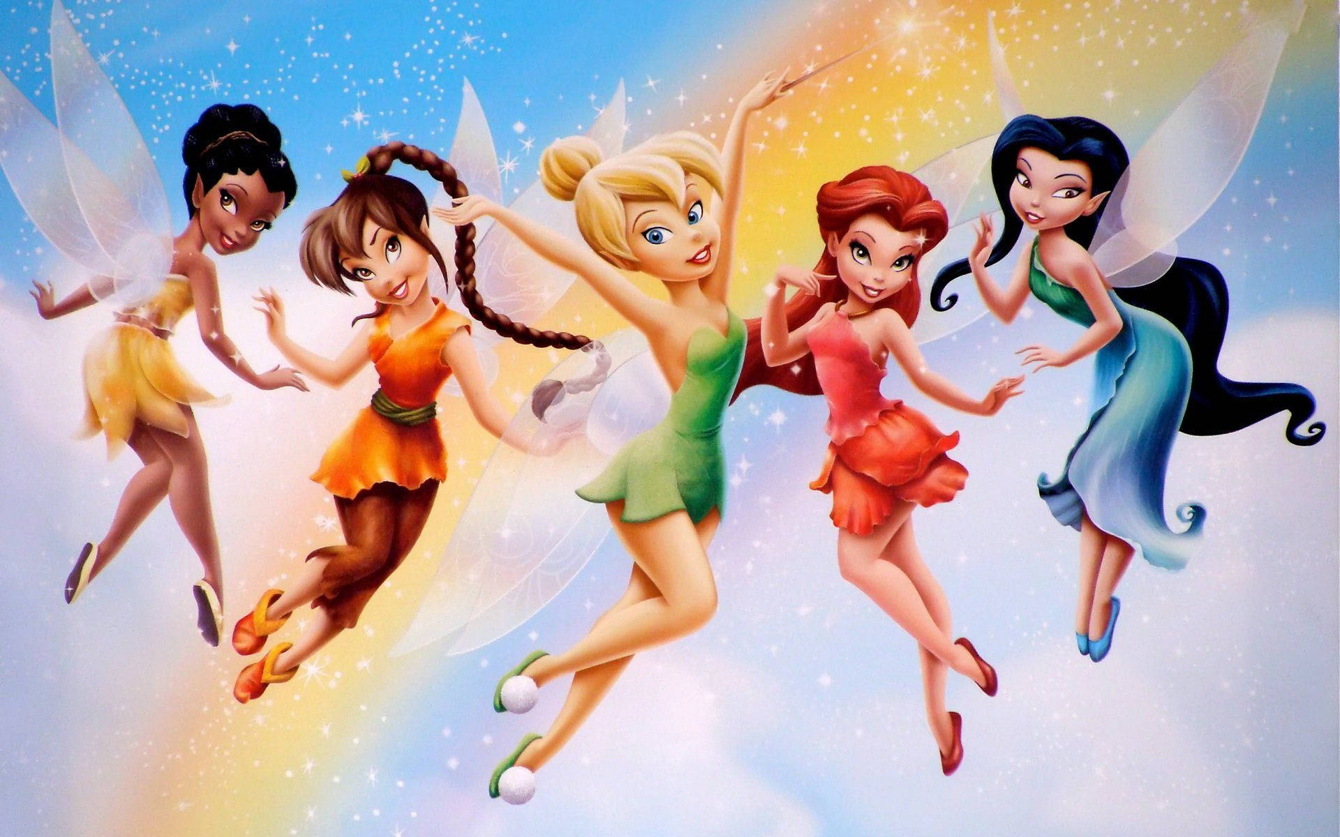 Tinkerbell, friends, rainbow sky, Full HD Desktop Wallpaper