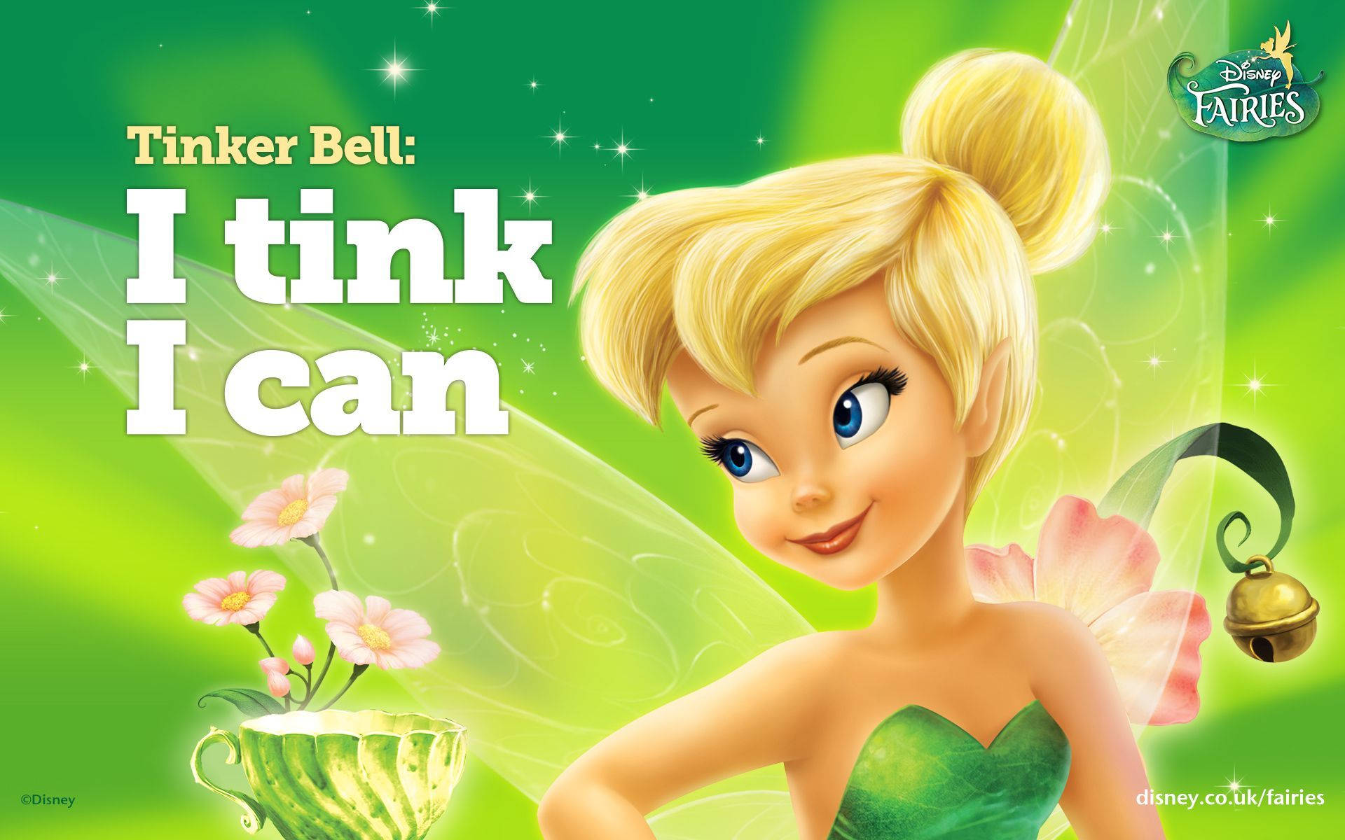 Tinkerbell, glowing green background, sparkling stars, Full HD Desktop Wallpaper