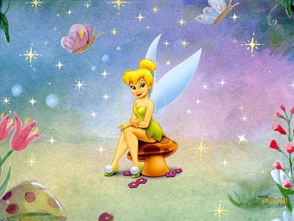 Tinkerbell, mushroom, glowing stars, SD Desktop Wallpaper