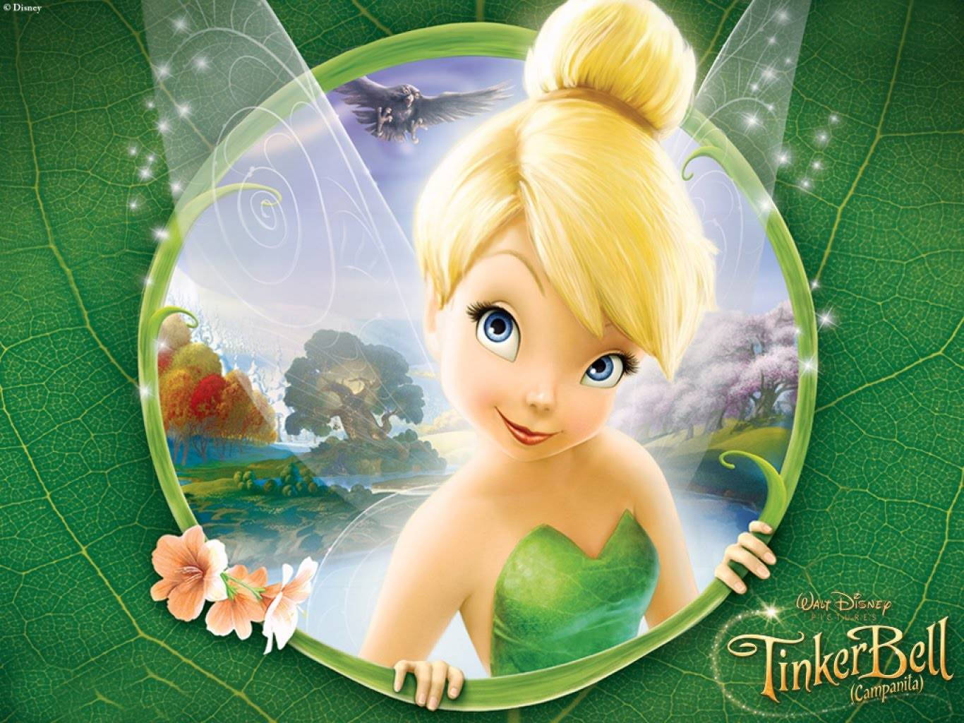 Tinkerbell, leaf frame, magical forest, HD Desktop Wallpaper