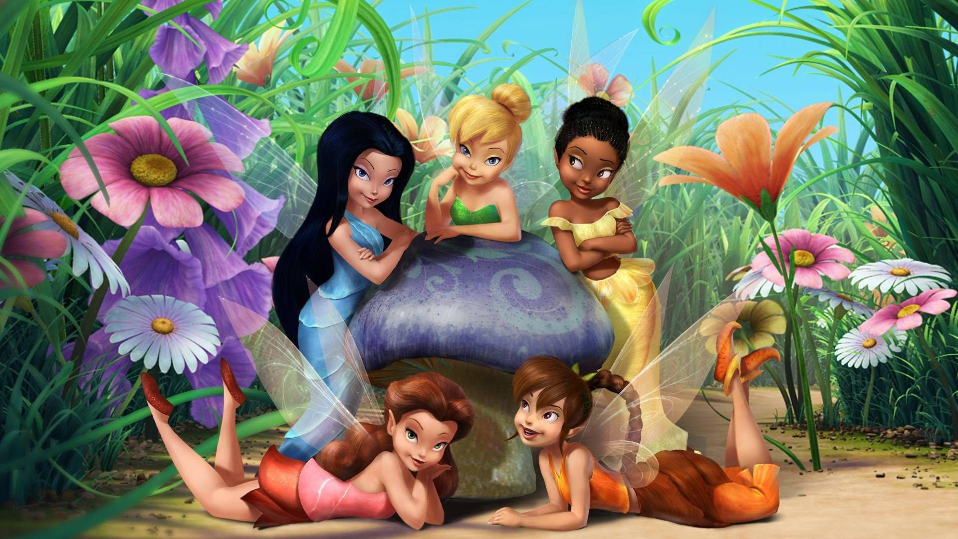 Tinkerbell, friends, mushroom, Full HD Desktop Wallpaper