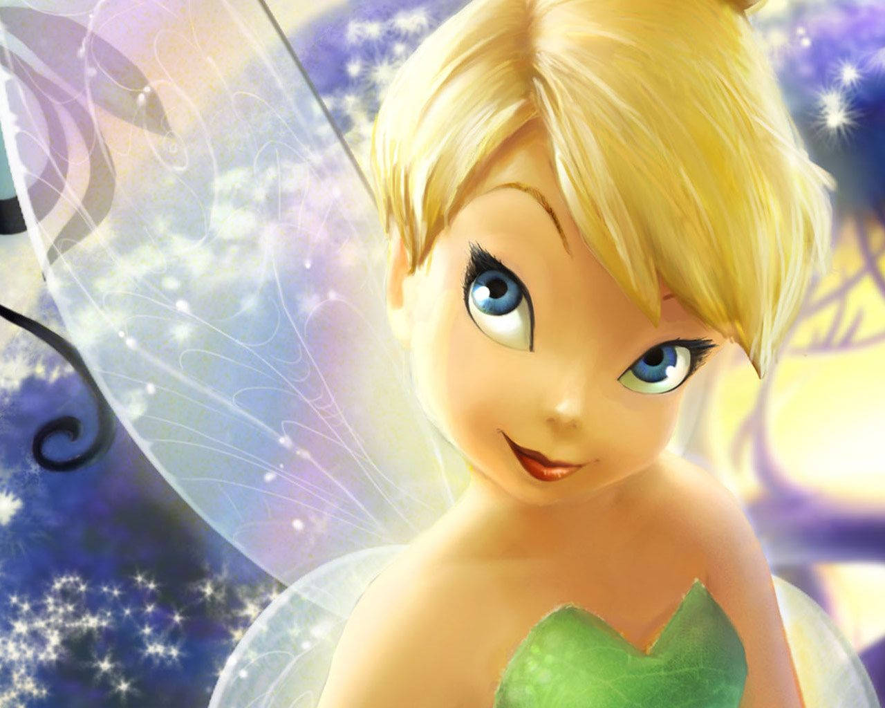 Tinkerbell, glowing wings, starry purple background, HD Desktop Wallpaper