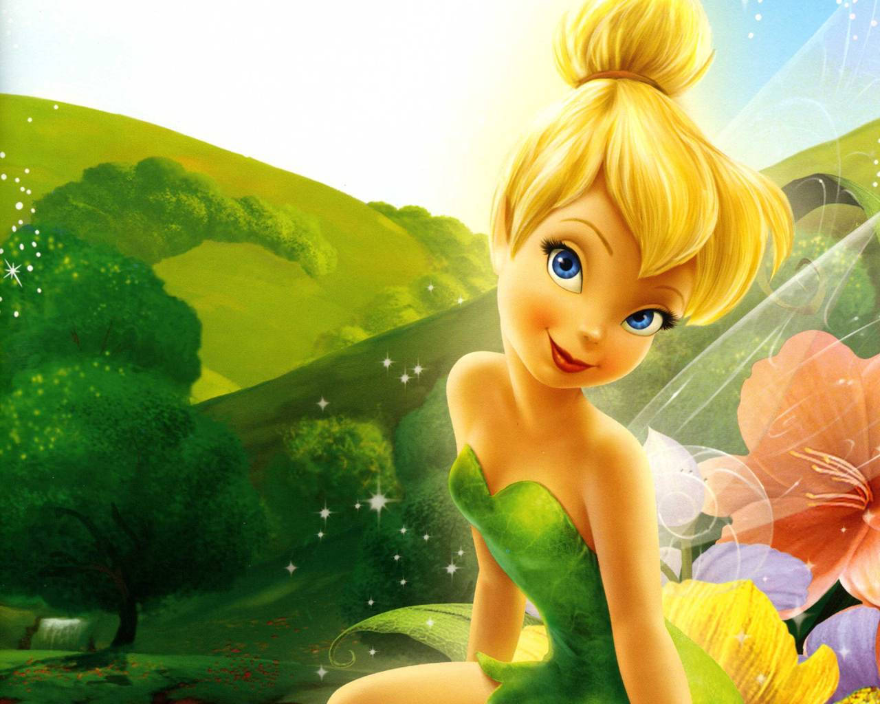 Tinkerbell, smiling, flowers, HD Desktop Wallpaper