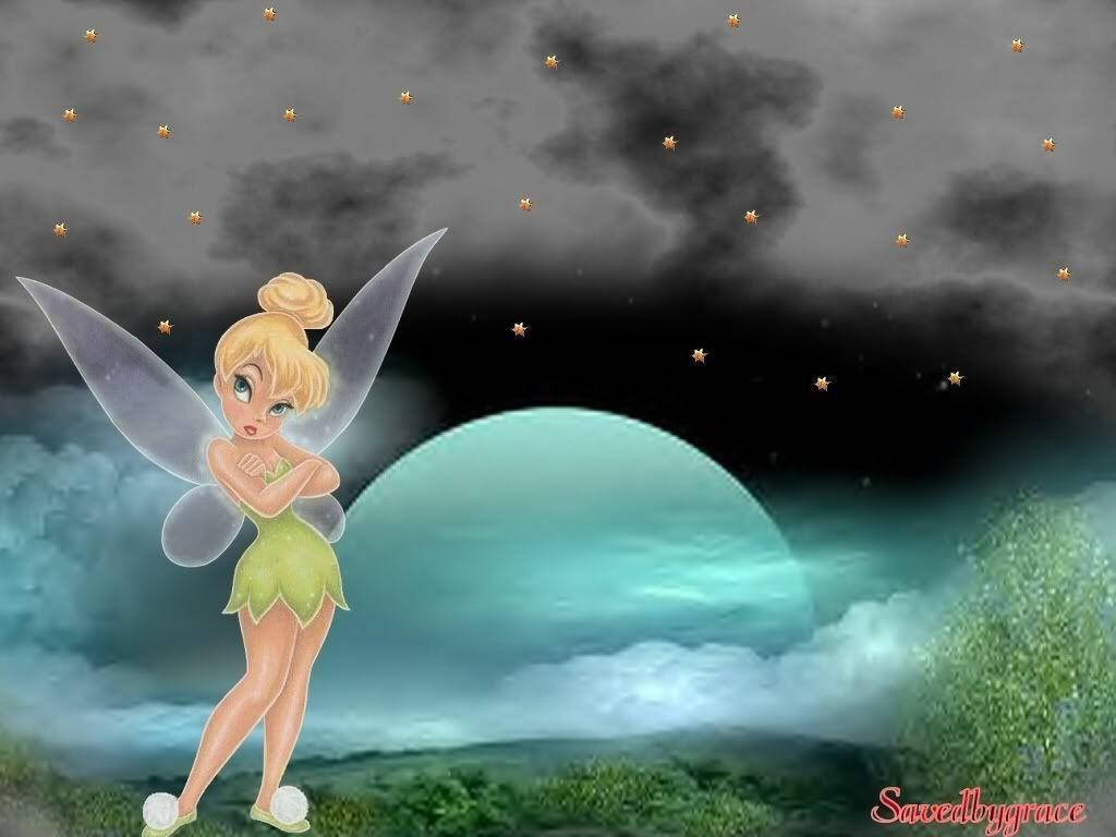 Tinkerbell, night sky, glowing moon, SD Desktop Wallpaper