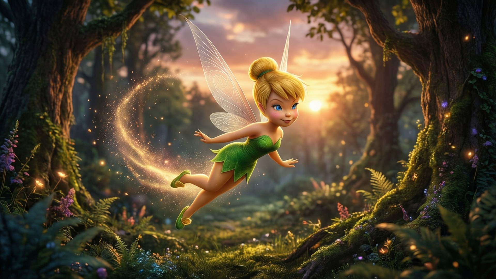 Tinkerbell, golden hair, green wings, Full HD Desktop Wallpaper