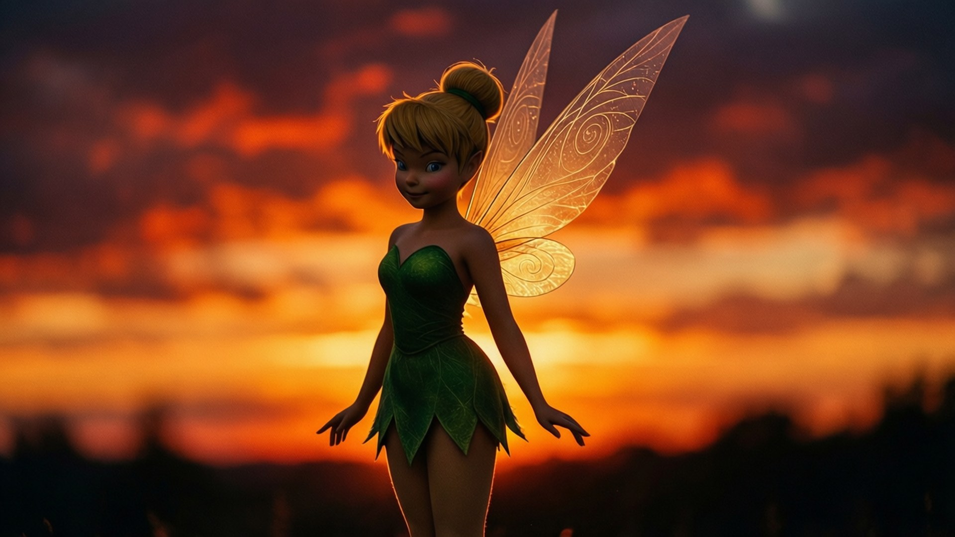 Tinkerbell, silhouette, sunset, Full HD Desktop Wallpaper