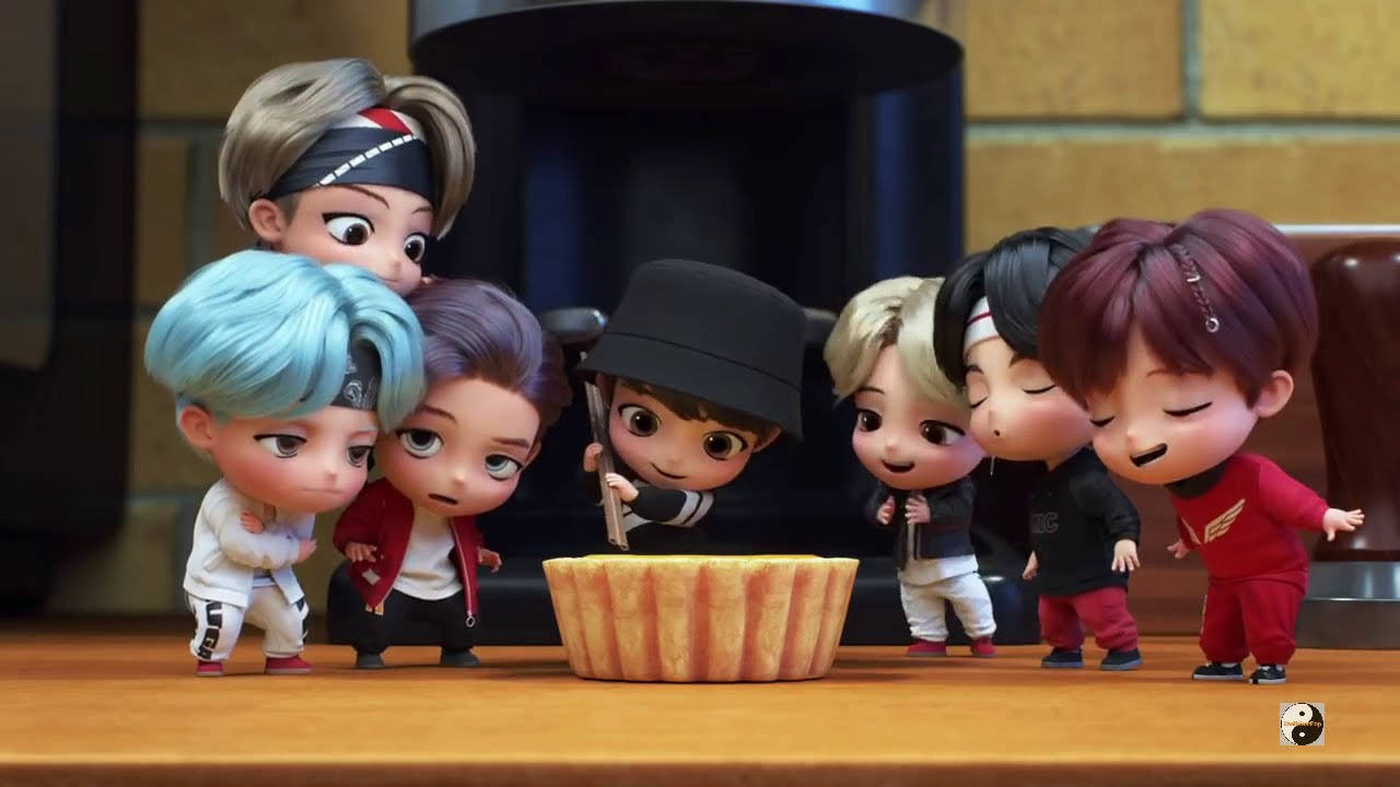 Tiny Tan BTS, chibi anime characters, giant cake, HD Desktop Wallpaper