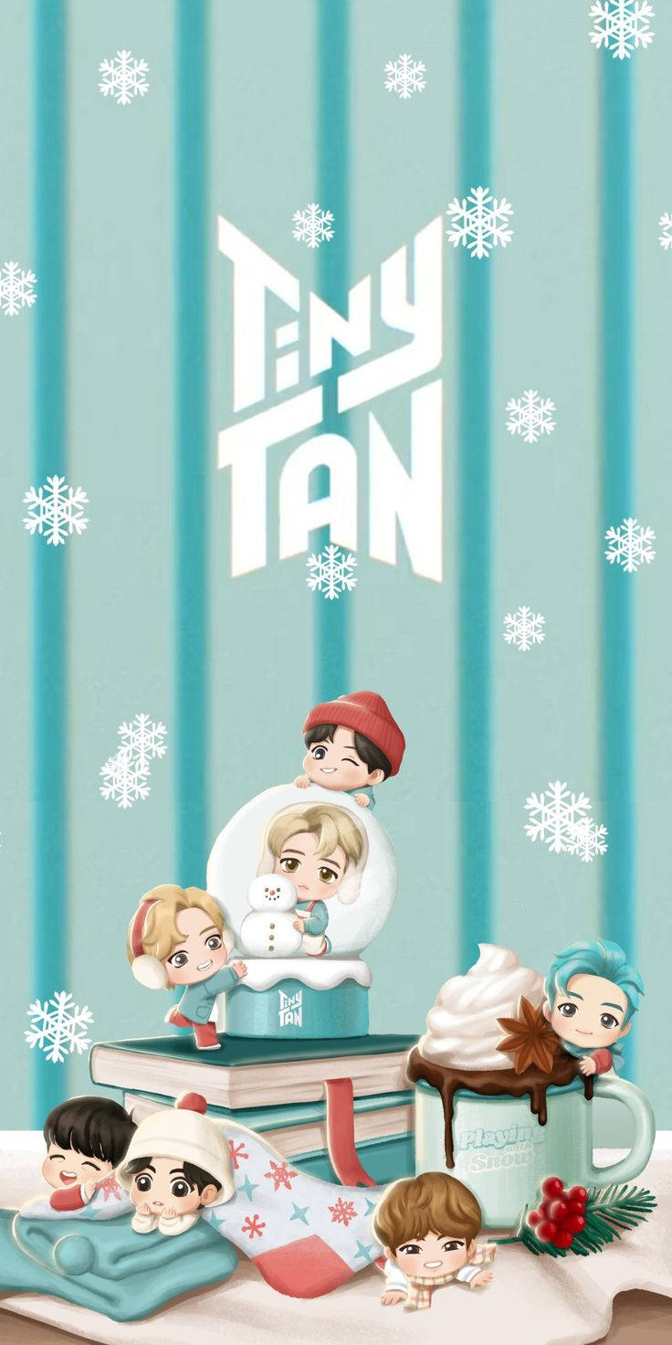Tiny Tan BTS, snowflakes, teal background, HD Phone Wallpaper