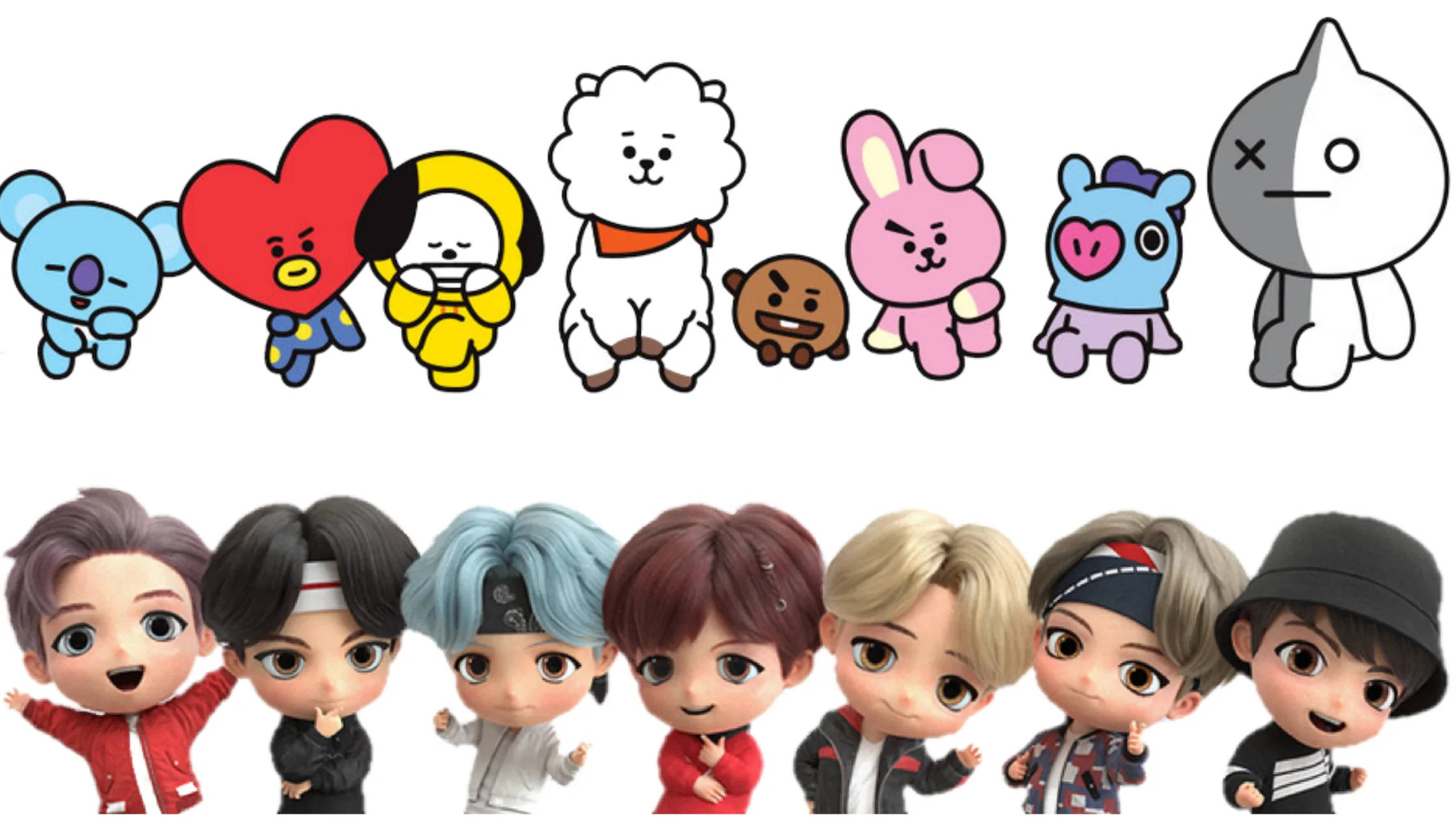 Tiny Tan BTS, cartoon figures, chibi-style, Full HD Desktop Wallpaper