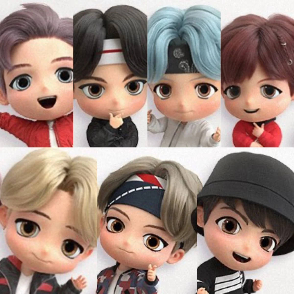 Tiny Tan BTS, chibi-style, colorful hair, SD Desktop Wallpaper