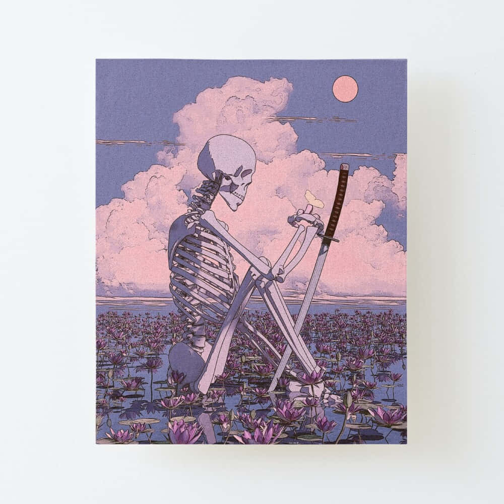 skeletal samurai, purple lotus pond, pink moon, SD Desktop Wallpaper